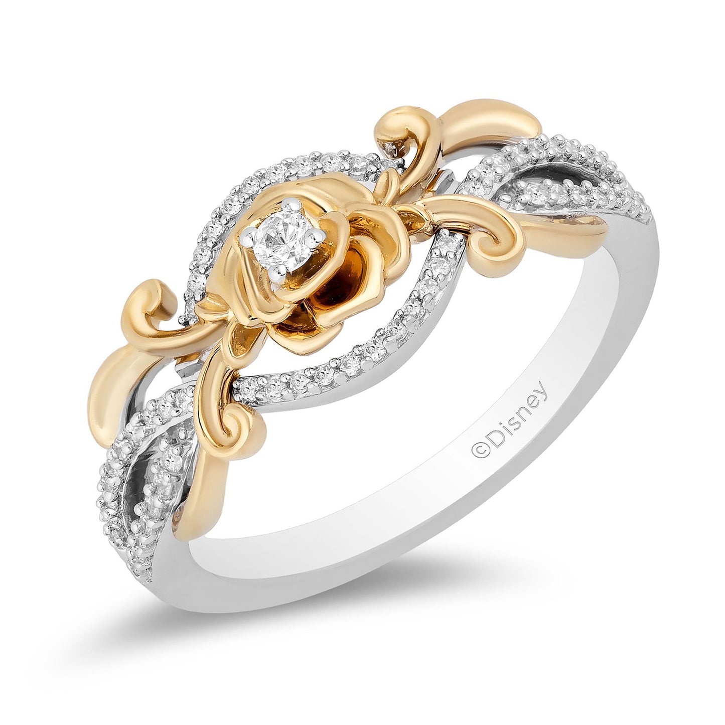 Enchanted Disney Fine Jewelry Sterling Silver and 10K Yellow Gold with 1/5 CTTW Diamond Belle Rose Ring