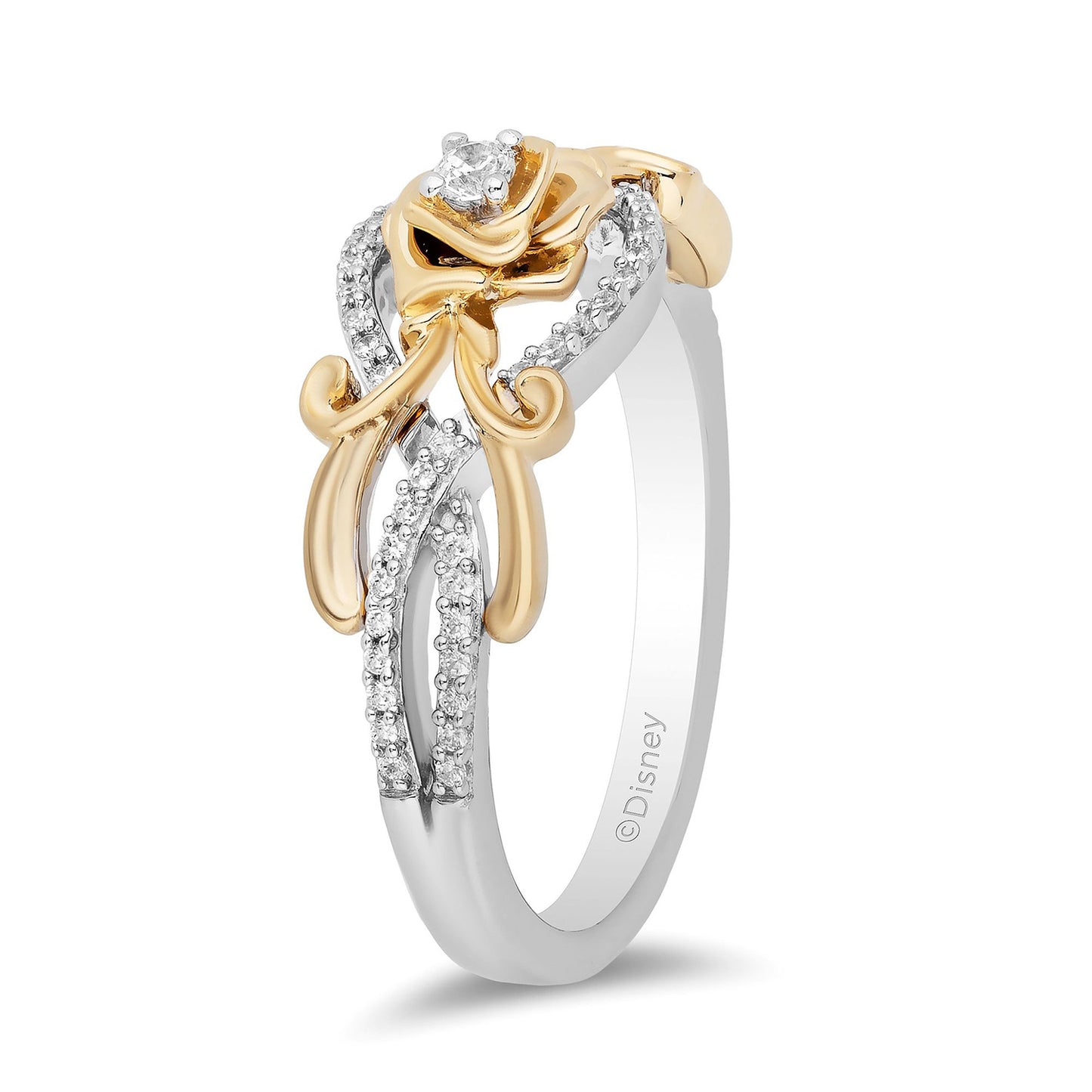 Enchanted Disney Fine Jewelry Sterling Silver and 10K Yellow Gold with 1/5 CTTW Diamond Belle Rose Ring
