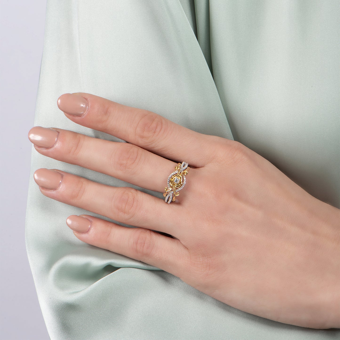 Enchanted Disney Fine Jewelry Sterling Silver and 10K Yellow Gold with 1/5 CTTW Diamond Belle Rose Ring