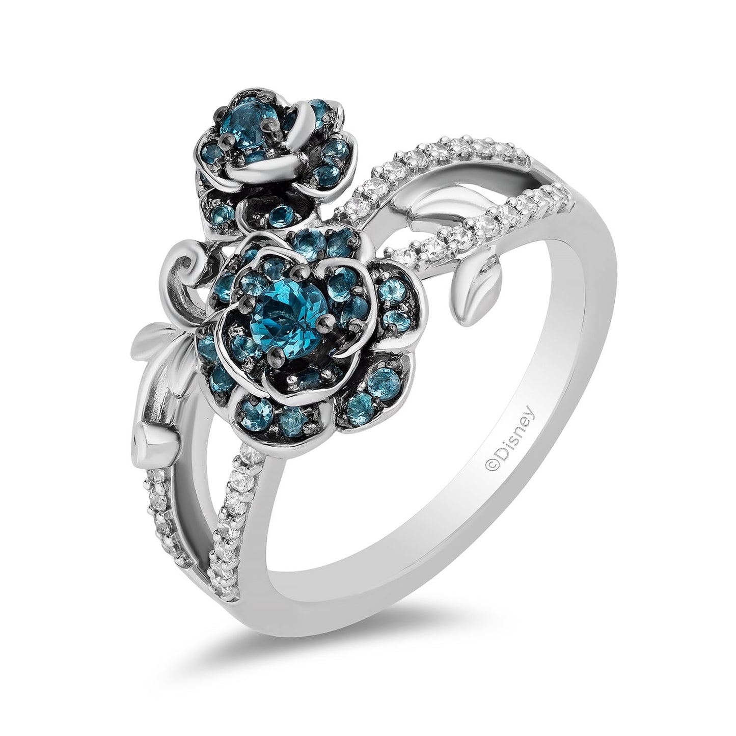 Enchanted Disney Fine Jewelry Sterling Silver with 1/6 CTTW Diamonds and London Blue Topaz, Disney's Cinderella Flower Ring