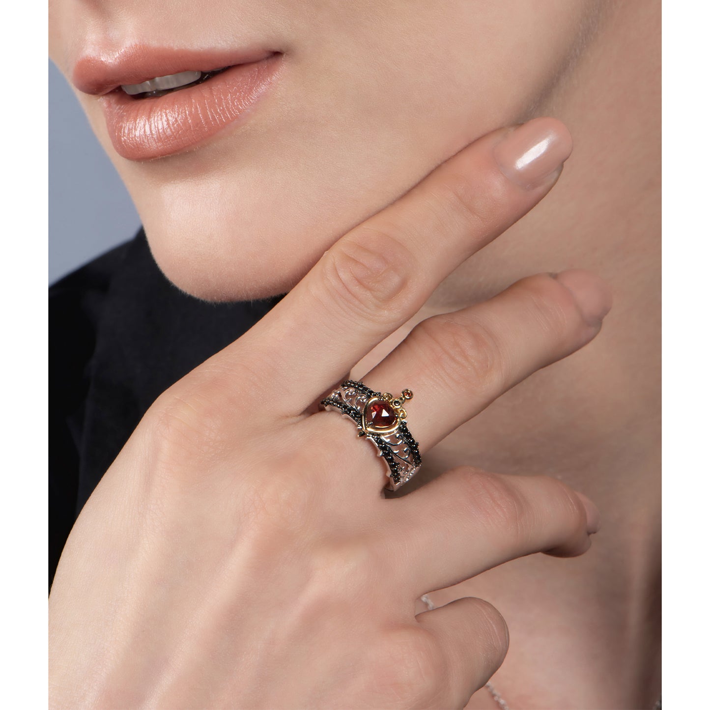 Enchanted Disney Fine Jewelry 10K Yellow Gold and Sterling Silver with 1/4 CTTW Black Diamond and Red Garnet Evil Queen Ring