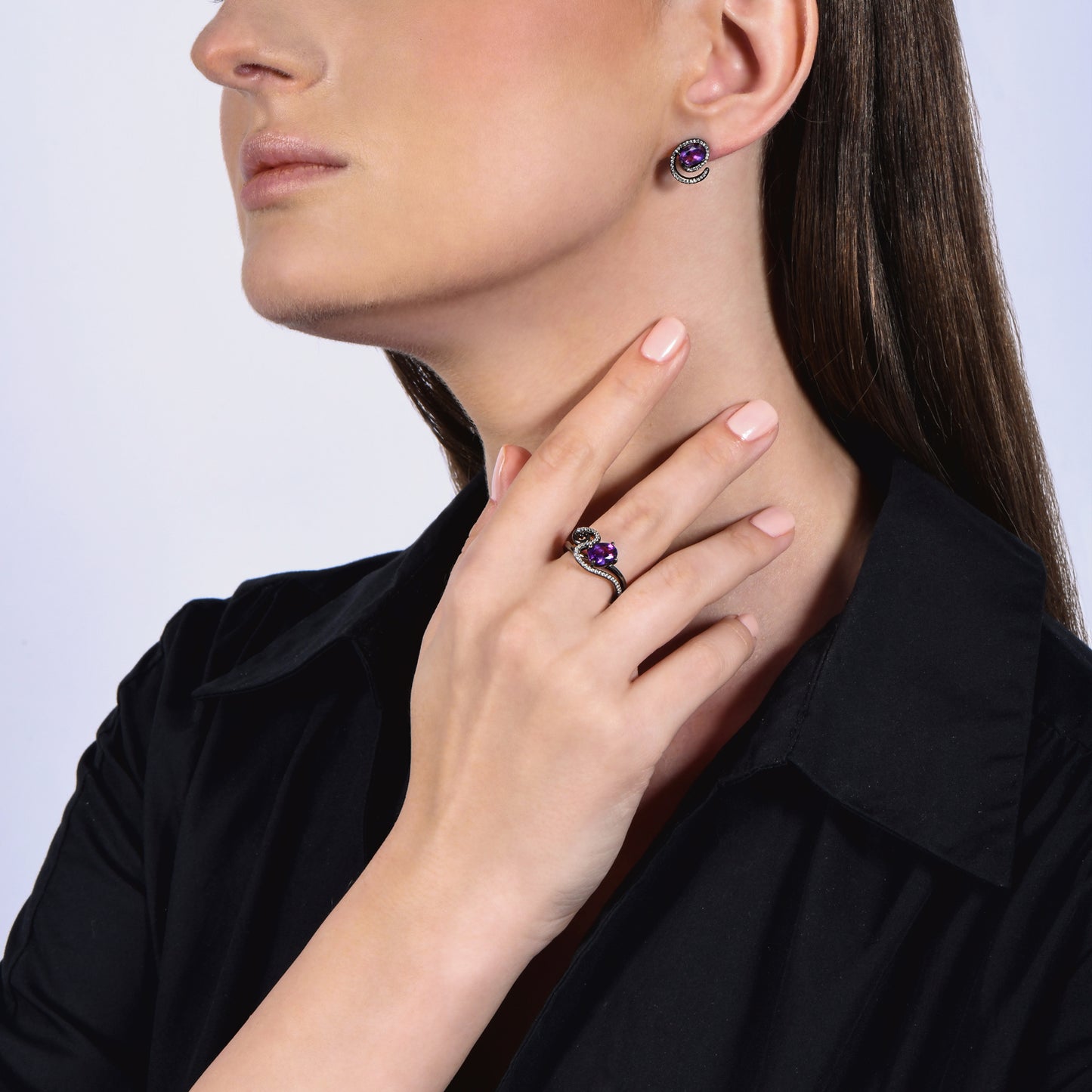 Enchanted Disney Fine Jewelry Black Rhodium Over Sterling Silver with 1/6 CTTW Diamond and Amethyst Ursula Ring