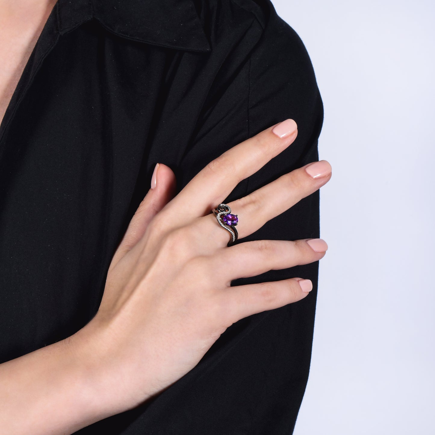 Enchanted Disney Fine Jewelry Black Rhodium Over Sterling Silver with 1/6 CTTW Diamond and Amethyst Ursula Ring