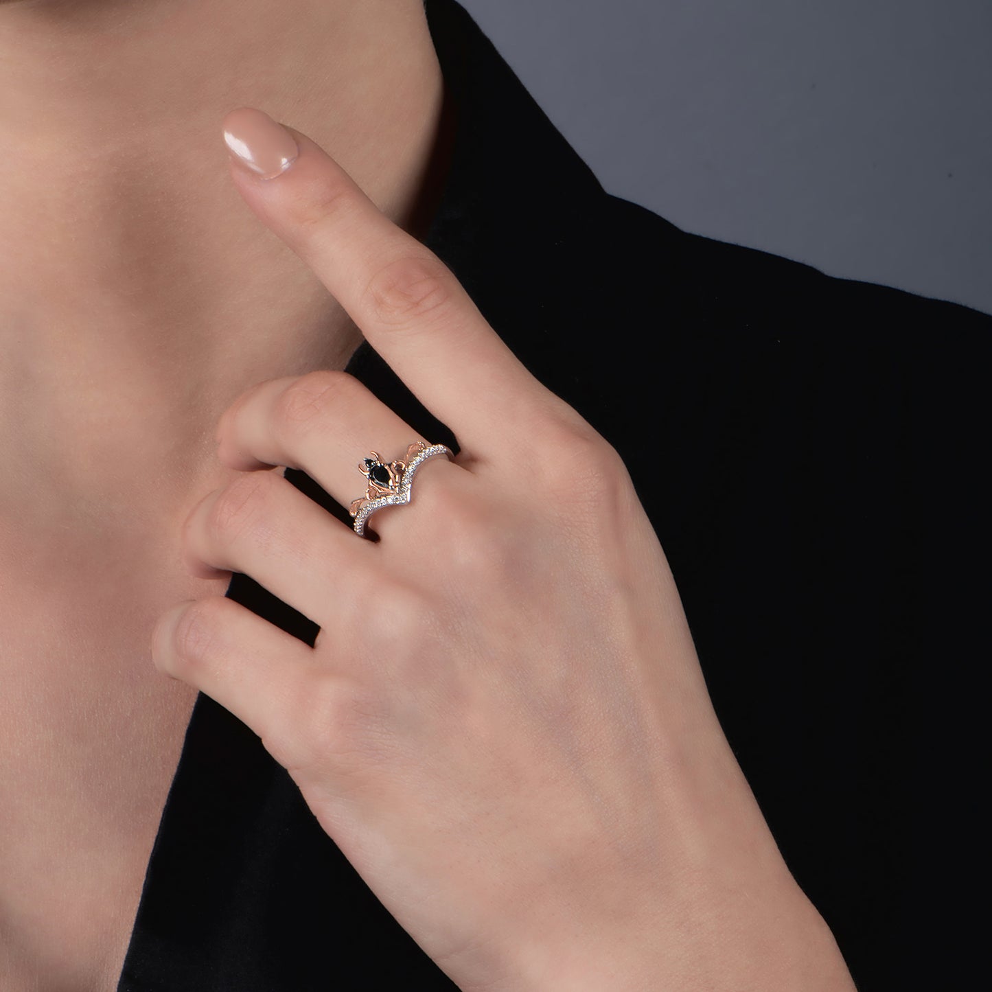 Enchanted Disney Fine Jewelry 10K Rose Gold and Sterling Silver with 1/6 CTTW Black and White Diamond with Black Onyx Maleficent Ring