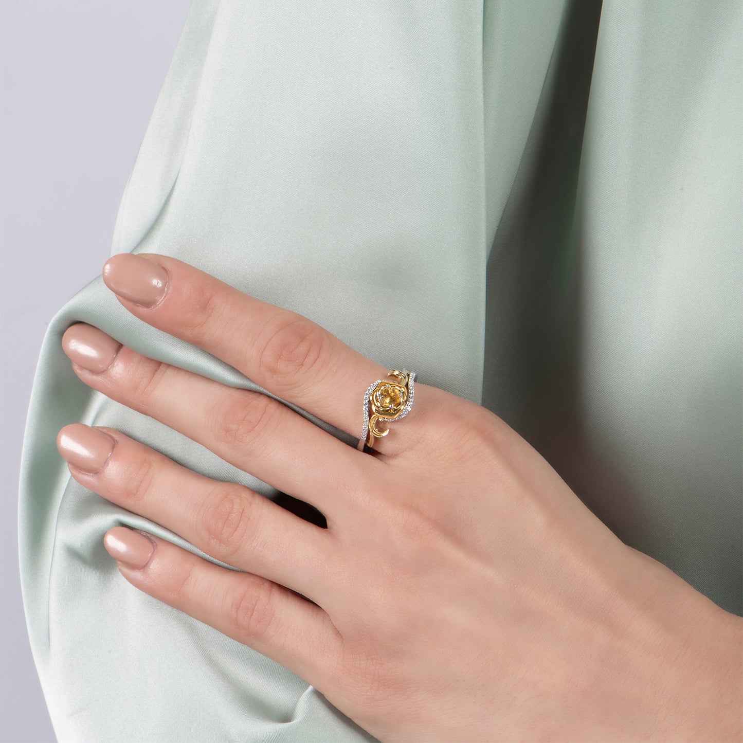 Enchanted Disney Fine Jewelry Sterling Silver and 10K Yellow Gold with 1/10 CTTW Diamond and Yellow Citrine Belle Rose Ring