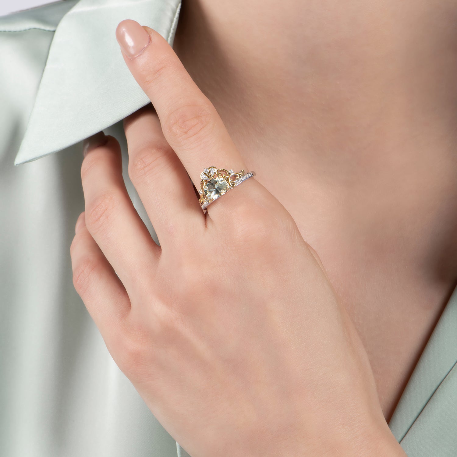 Disney Cinderella Inspired Diamond and Concave Oval Green Amethyst Stepsisters Ring in Sterling Silver and 10K Yellow Gold 1/10 CTTW View 2