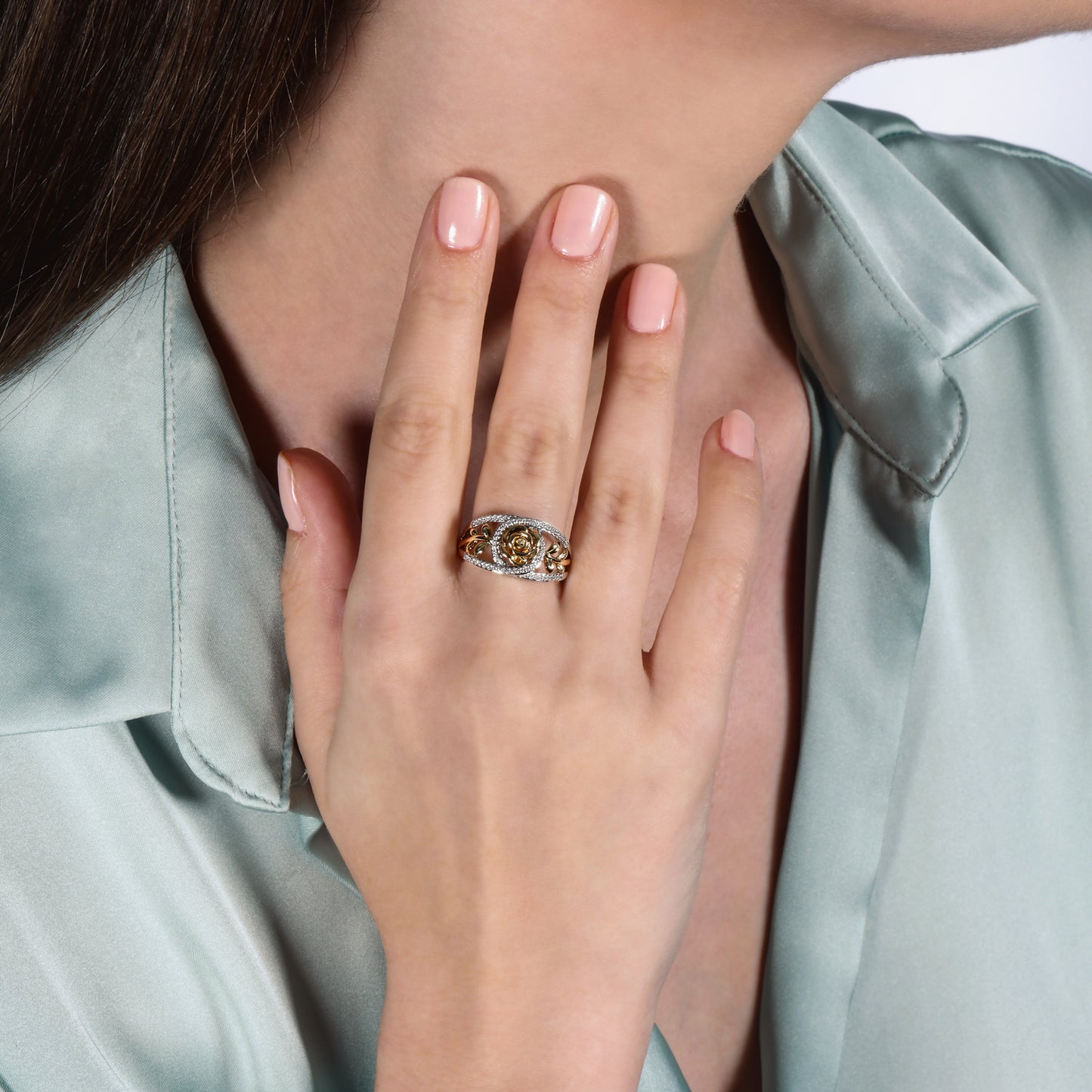 Enchanted Disney Fine Jewelry Sterling Silver and 10K Yellow Gold with 1/5 CTTW Diamond Belle Rose Ring