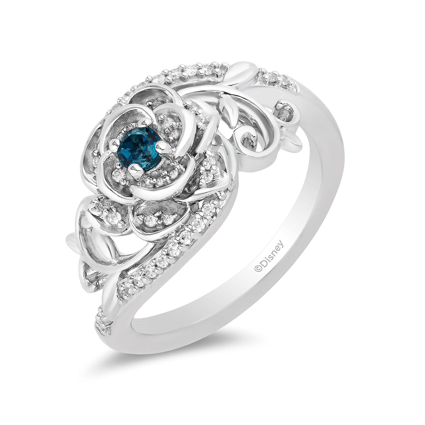 Disney Cinderella Inspired Diamond and London Blue Topaz Flower Ring in Sterling Silver 1/6 CTTW View 1