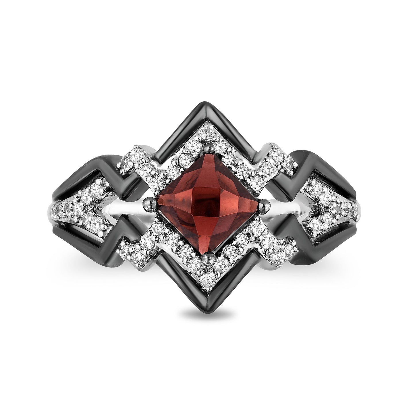 Enchanted Disney Fine Jewelry The Deville is in the Details Sterling Silver and Black Rhodium 1/5 CTTW Diamond and Garnet Disney Cruella Live Action Ring