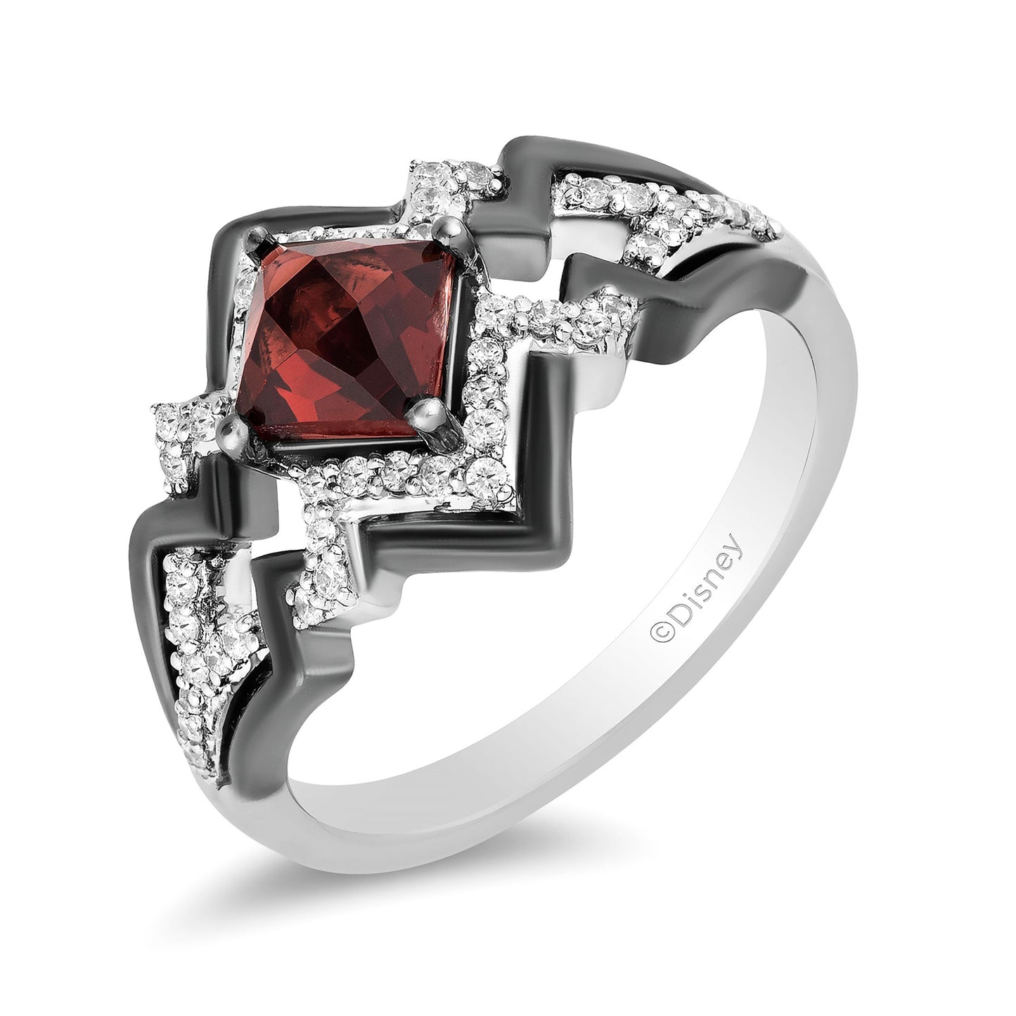 Enchanted Disney Fine Jewelry The Deville is in the Details Sterling Silver and Black Rhodium 1/5 CTTW Diamond and Garnet Disney Cruella Live Action Ring