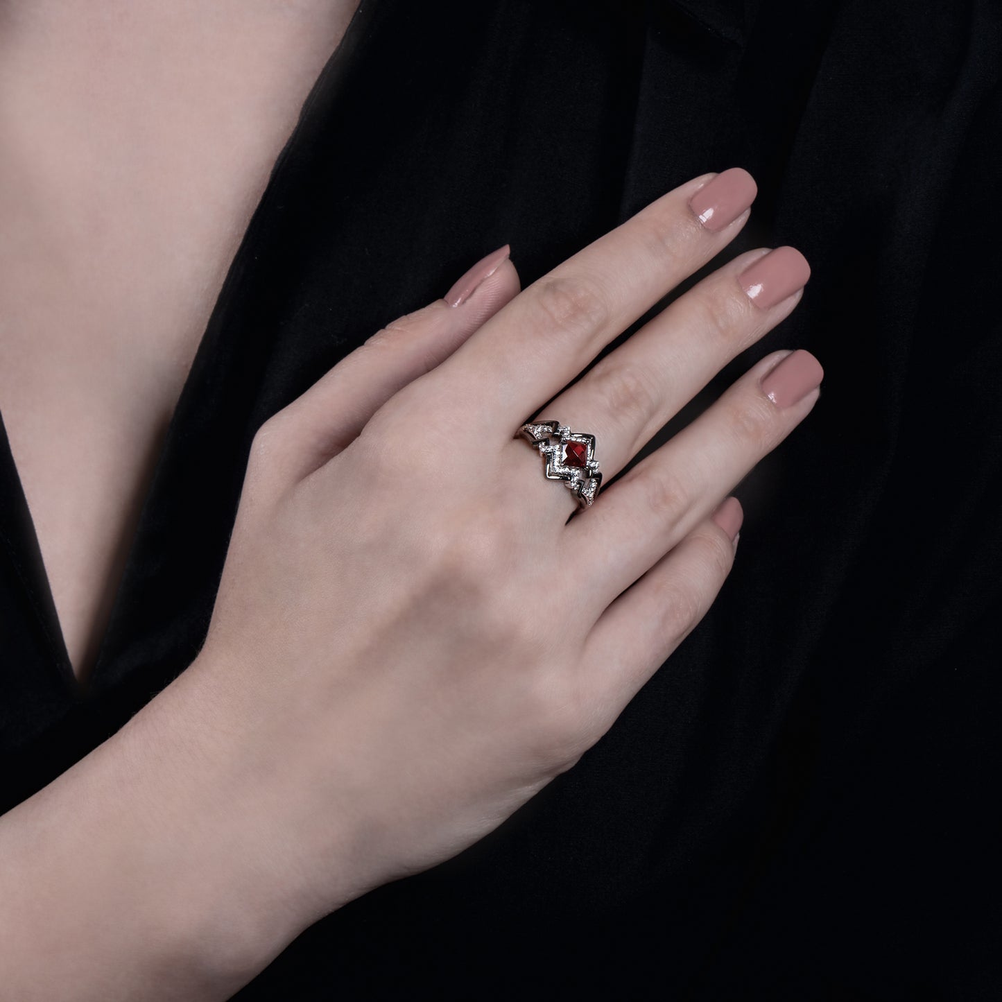 Enchanted Disney Fine Jewelry The Deville is in the Details Sterling Silver and Black Rhodium 1/5 CTTW Diamond and Garnet Disney Cruella Live Action Ring