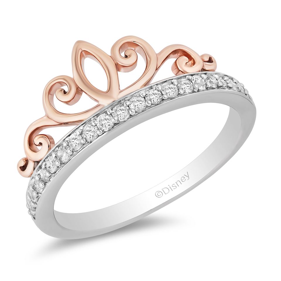 Enchanted Disney Fine Jewelry Sterling Silver and 10K Rose Gold with 1/5 CTTW Majestic Princess Tiara Ring