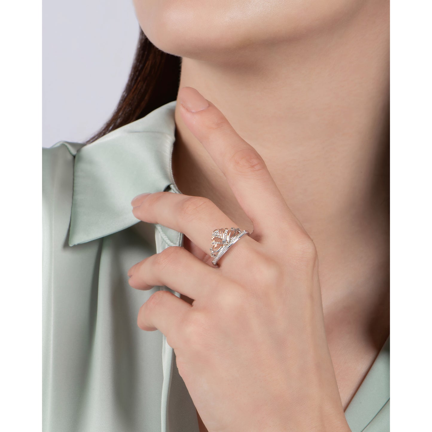 Enchanted Disney Fine Jewelry Sterling Silver and 10K Rose Gold with 1/6 CTTW Ariel Tiara Ring