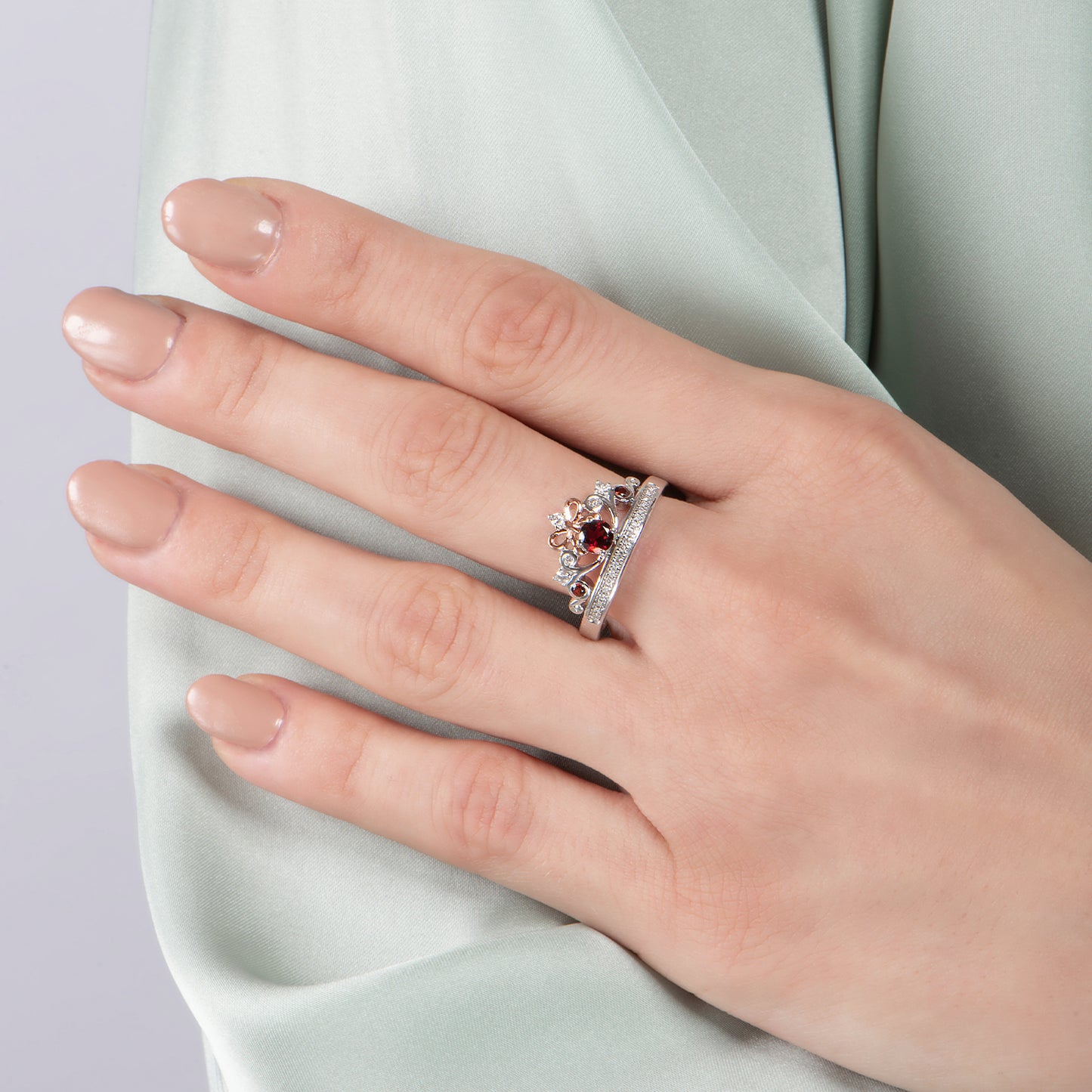 Enchanted Disney Fine Jewelry 14K Rose Gold Over Sterling Silver 1/10 CTTW Diamond and Red Garnet Snow White Tiara Ring