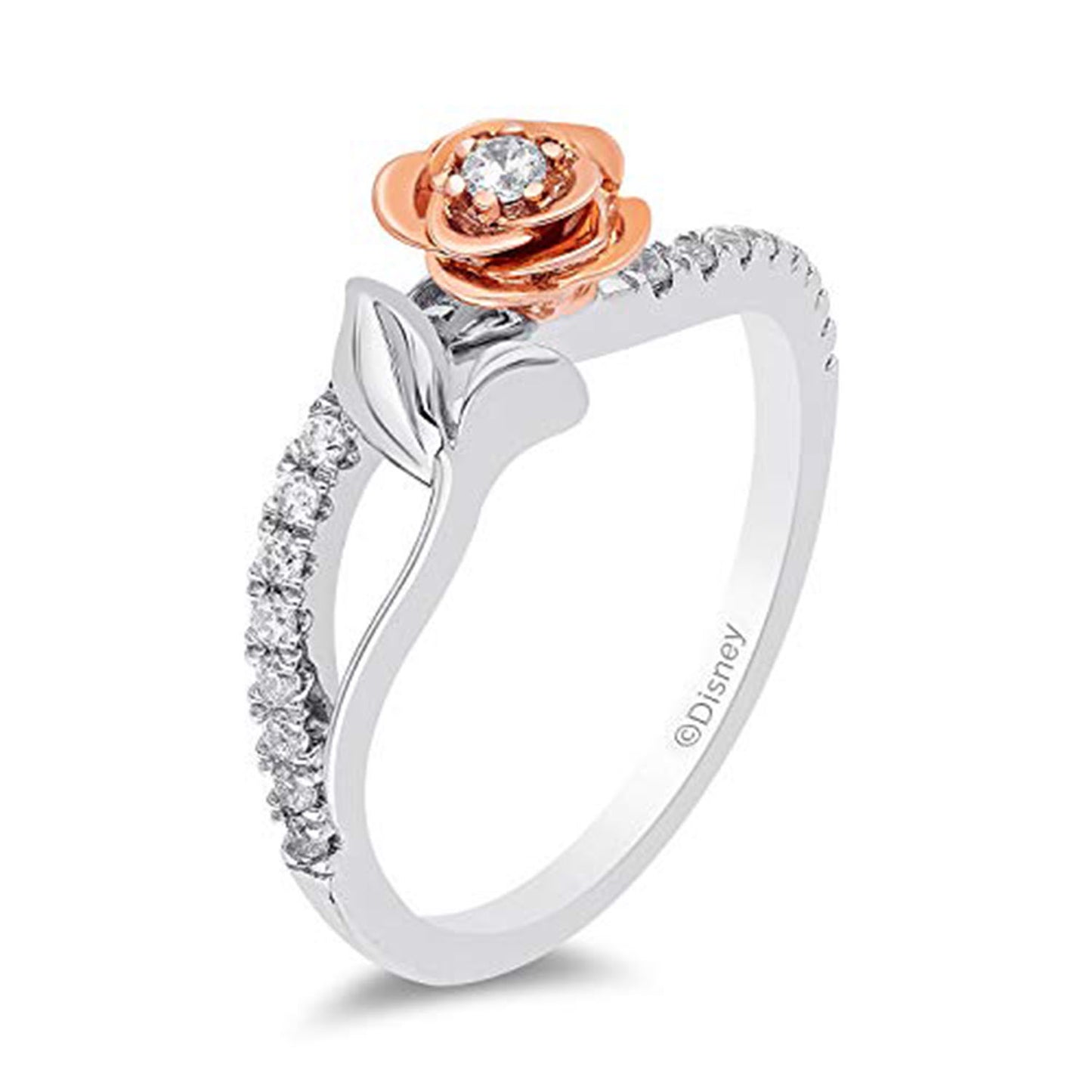 Enchanted Disney Fine Jewelry Sterling Silver and 10K Rose Gold with 1/5 CTTW Diamond Belle Rose Ring