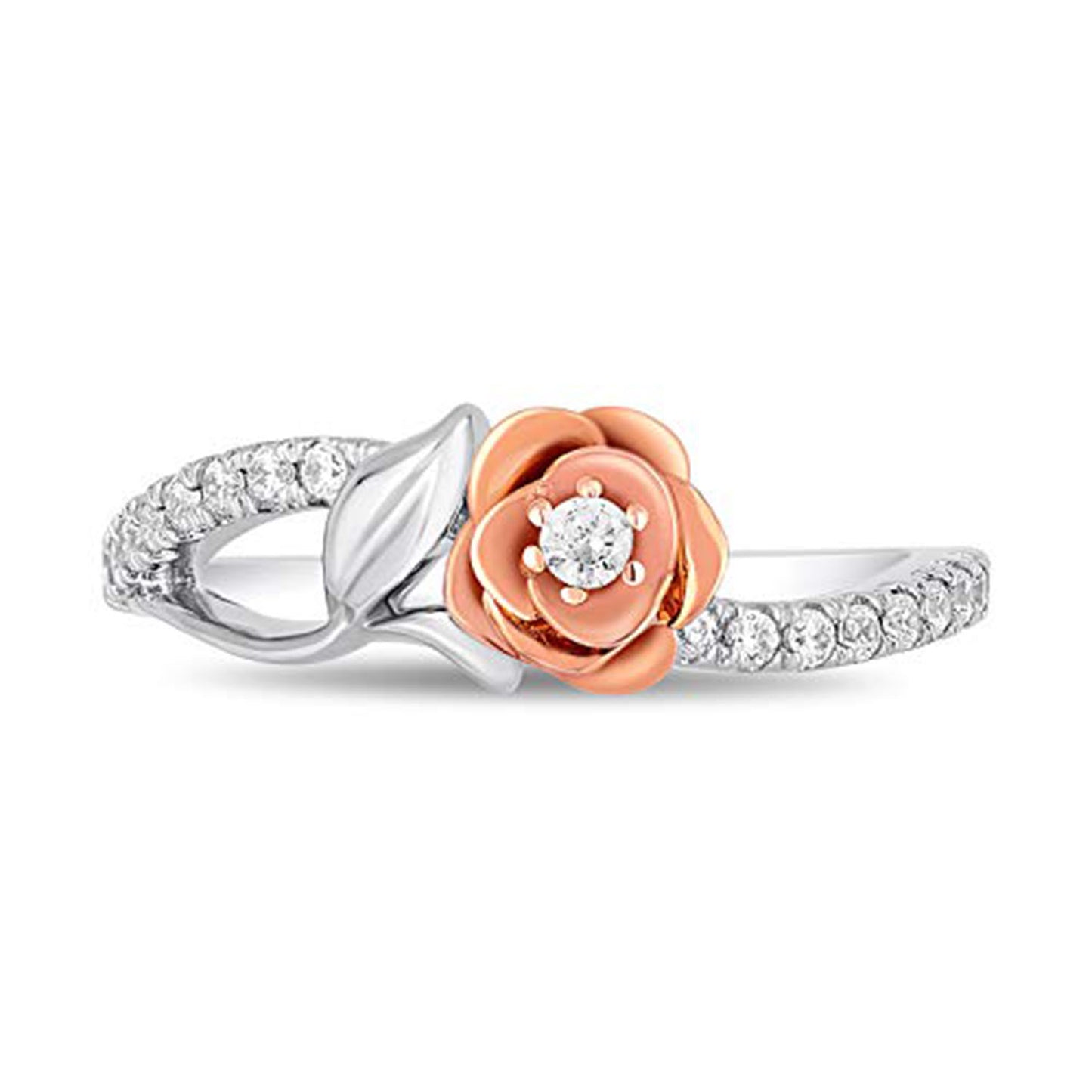 Enchanted Disney Fine Jewelry Sterling Silver and 10K Rose Gold with 1/5 CTTW Diamond Belle Rose Ring