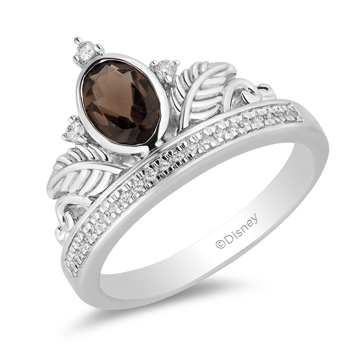 Enchanted Disney Fine Jewelry Sterling Silver 1/10 CTTW Diamond and Smokey Quartz Pocahontas Feather Tiara Ring