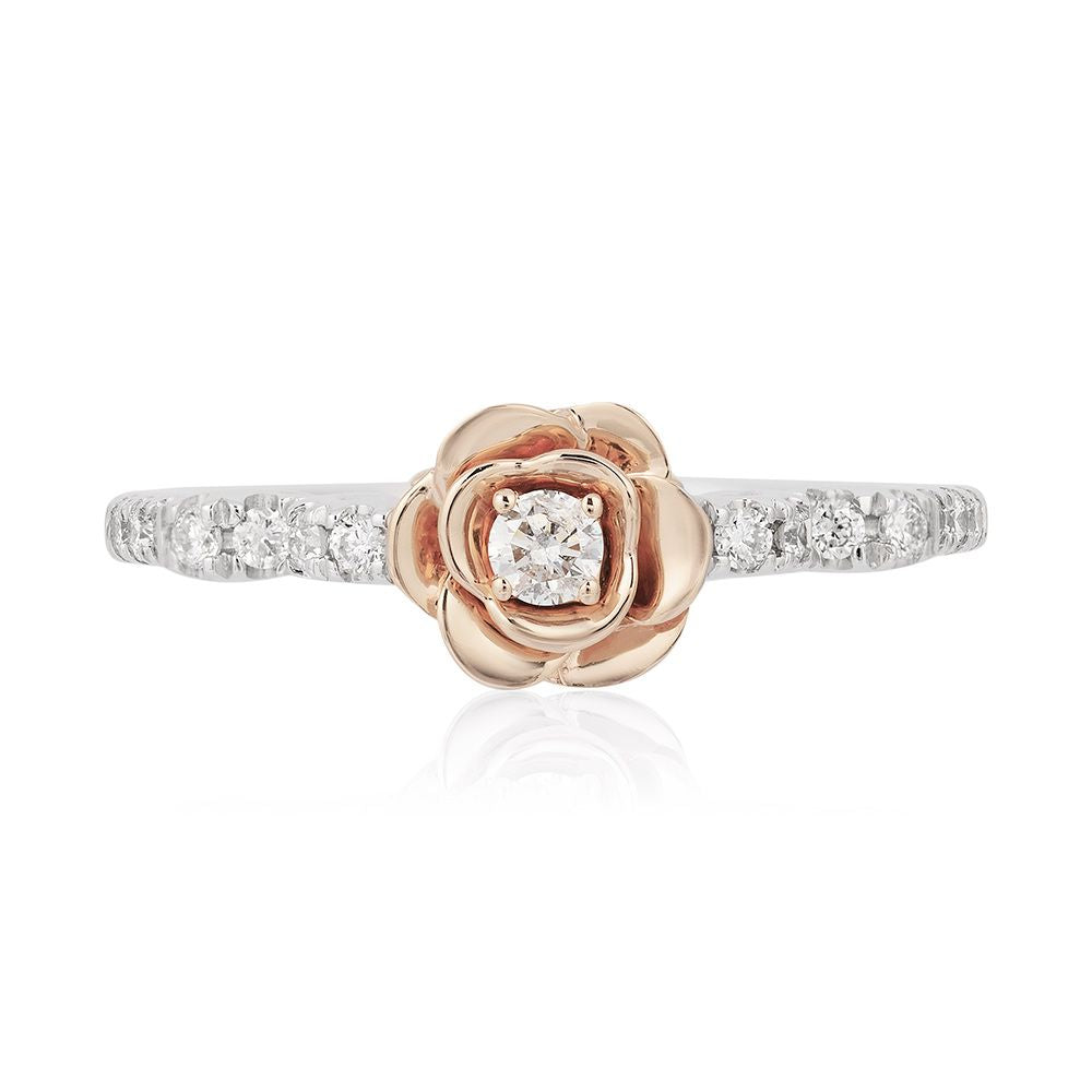 Enchanted Disney Fine Jewelry Sterling Silver And 10K Rose Gold With 1/4 CTTW Diamond Belle Rose Promise Ring