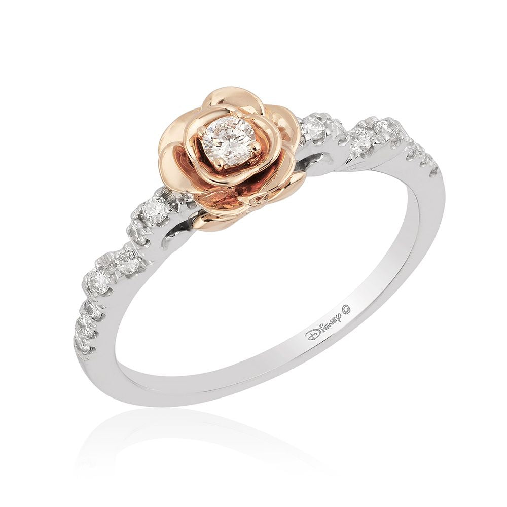 Enchanted Disney Fine Jewelry Sterling Silver And 10K Rose Gold With 1/4 CTTW Diamond Belle Rose Promise Ring