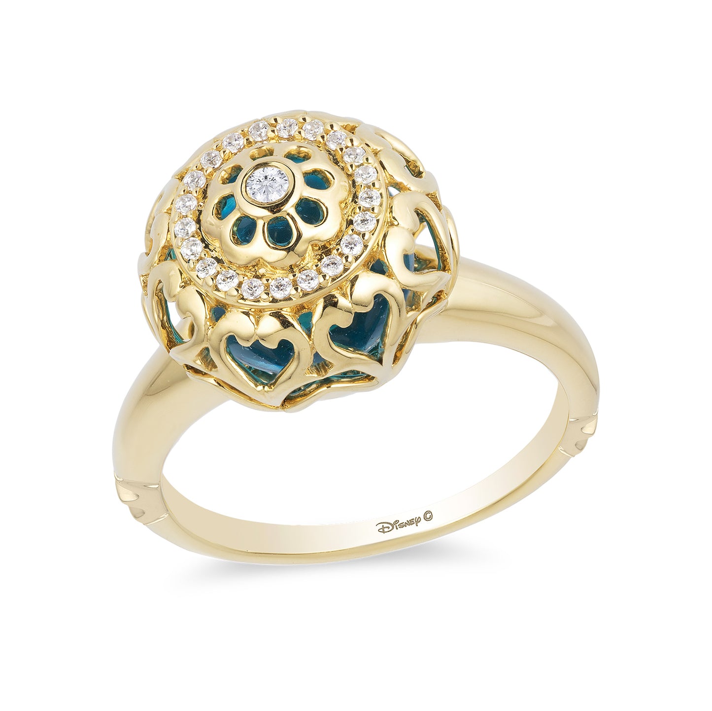 Enchanted Disney Fine Jewelry 14K Yellow Gold 1/10 CTTW Diamond and Swiss Blue Topaz Jasmine Fashion Ring