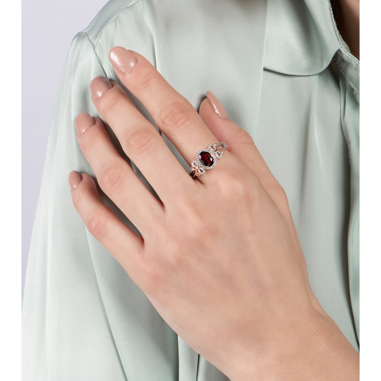 Enchanted Disney Fine Jewelry 14K Rose Gold over Sterling Silver with 1/6 CTTW Diamond and Red Garnet Snow White Bow Ring