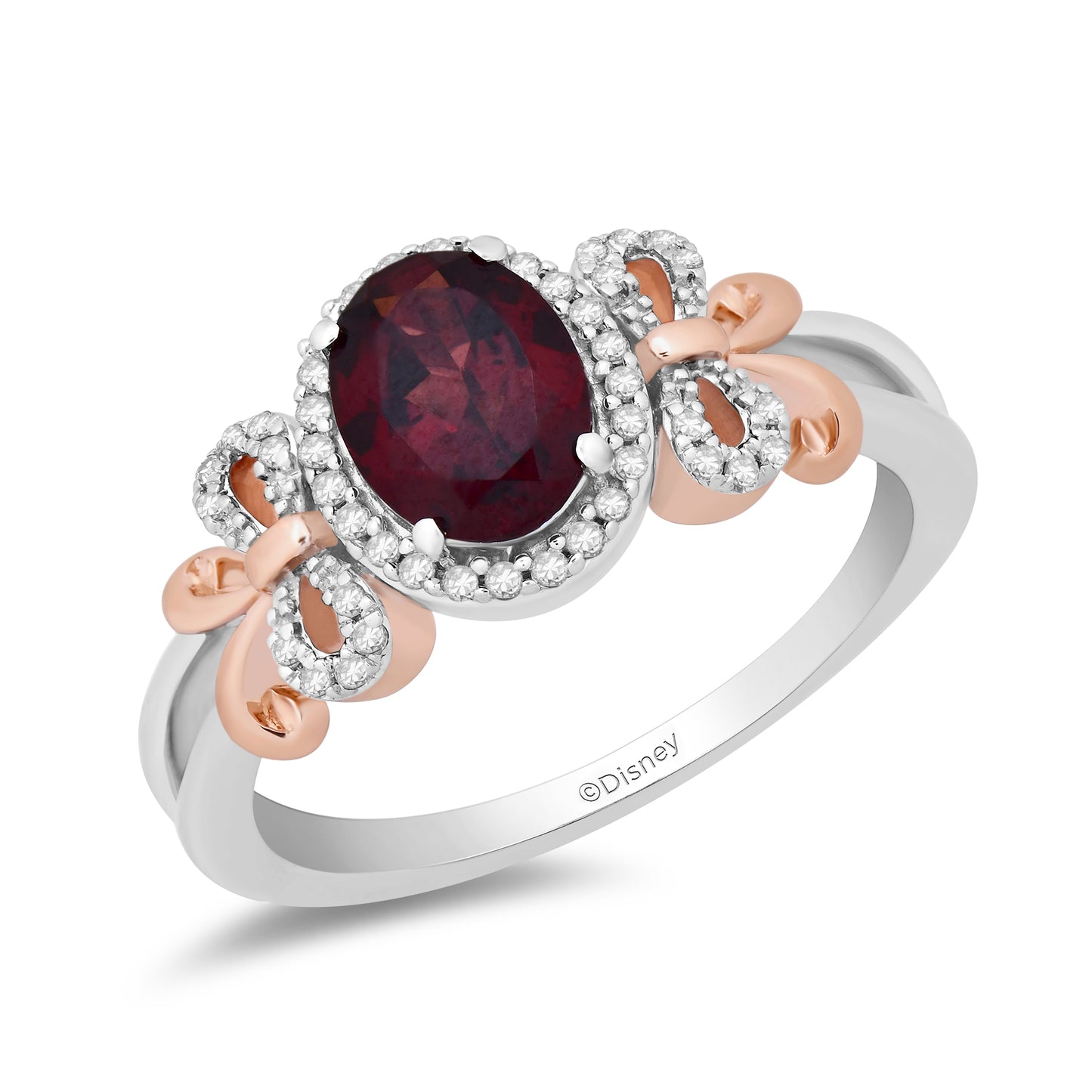 Enchanted Disney Fine Jewelry 14K Rose Gold over Sterling Silver with 1/6 CTTW Diamond and Red Garnet Snow White Bow Ring