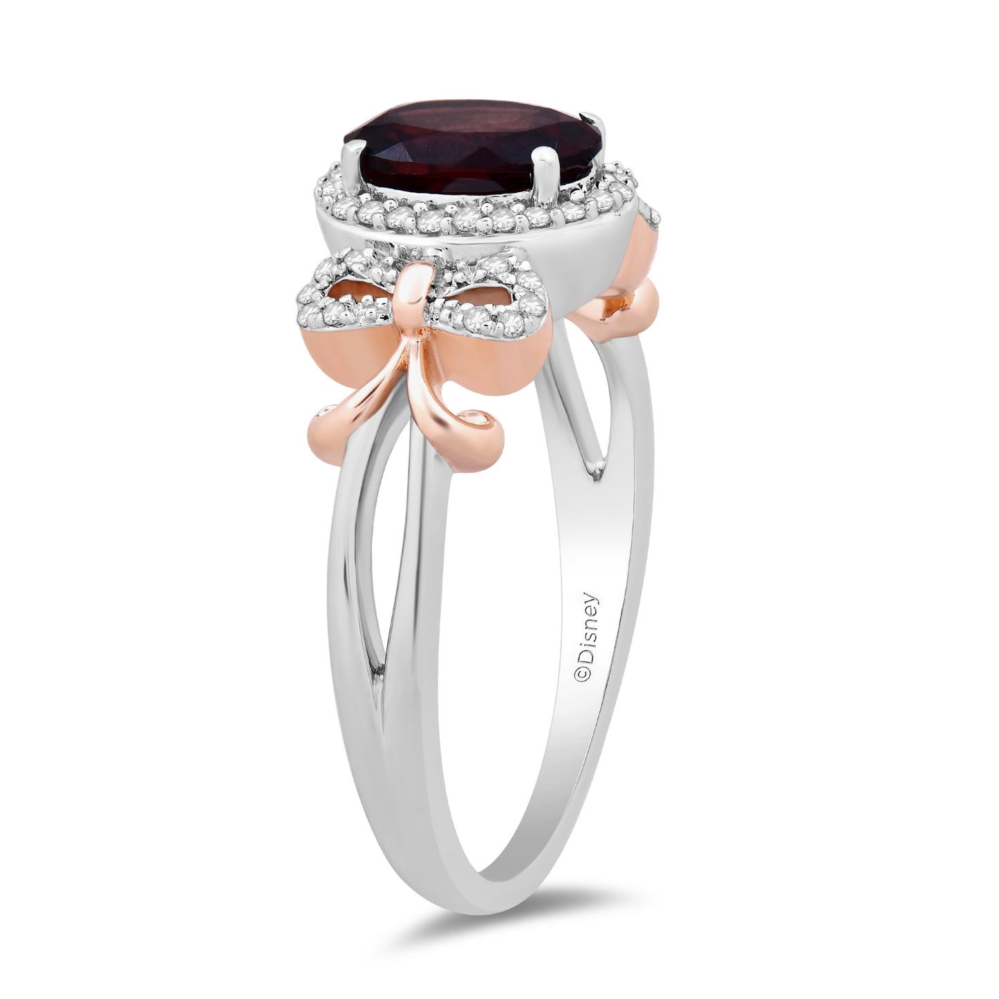 Enchanted Disney Fine Jewelry 14K Rose Gold over Sterling Silver with 1/6 CTTW Diamond and Red Garnet Snow White Bow Ring