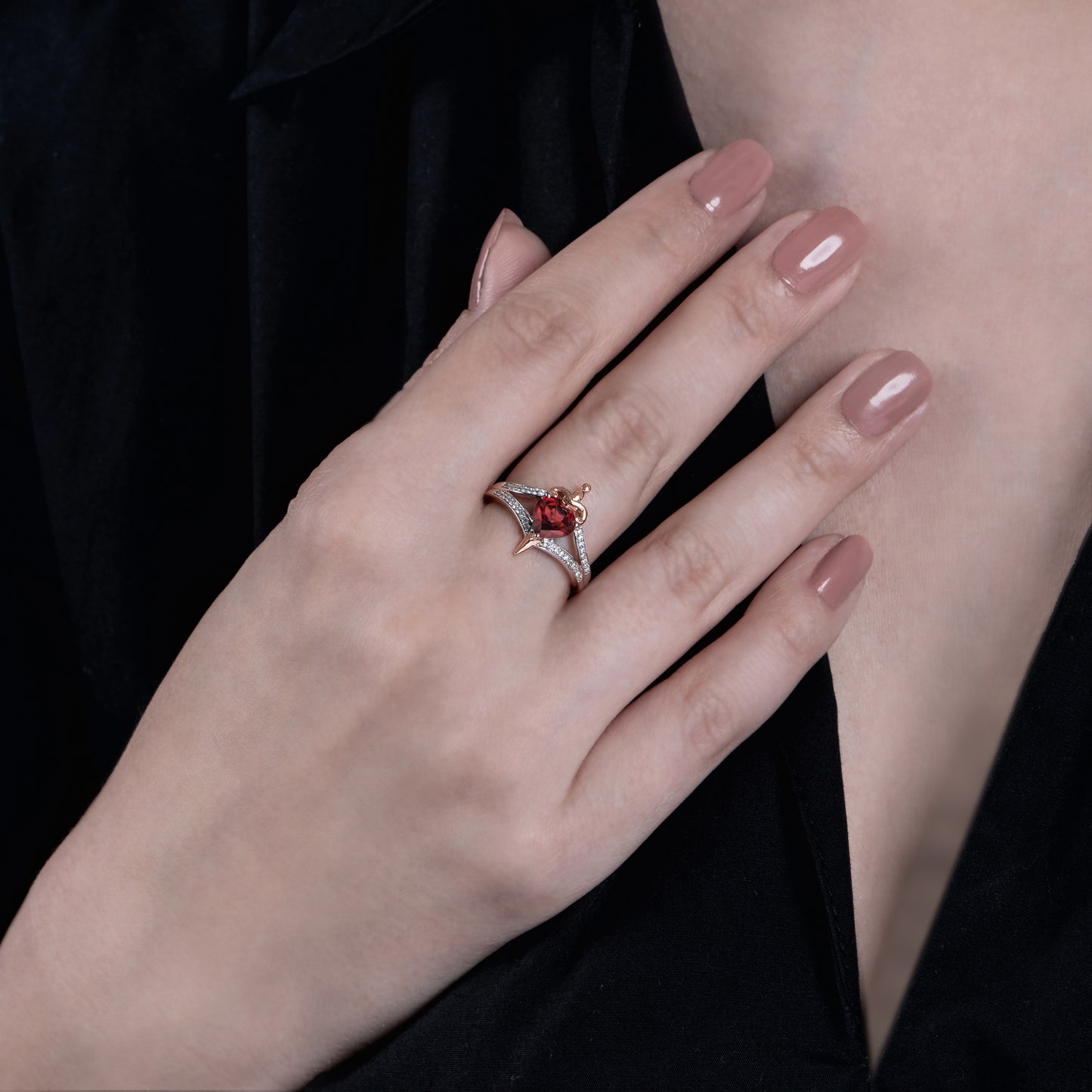 Enchanted Disney Fine Jewelry Sterling Silver and 10K Rose Gold with 1/10 CTTW Diamond with Red Garnet Evil Queen Ring