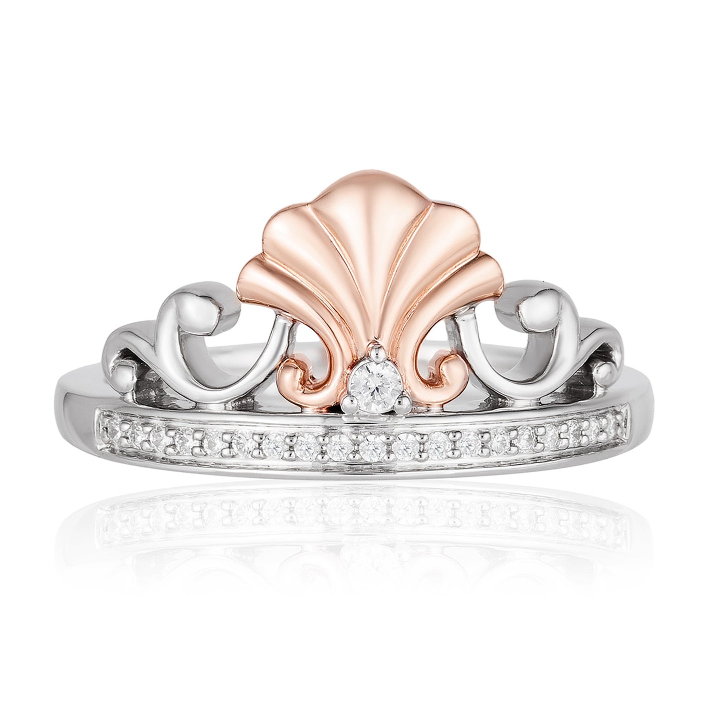 Enchanted Disney Fine Jewelry Sterling Silver and 10k Rose Gold 1/10 CTTW Ariel Shell Tiara Ring