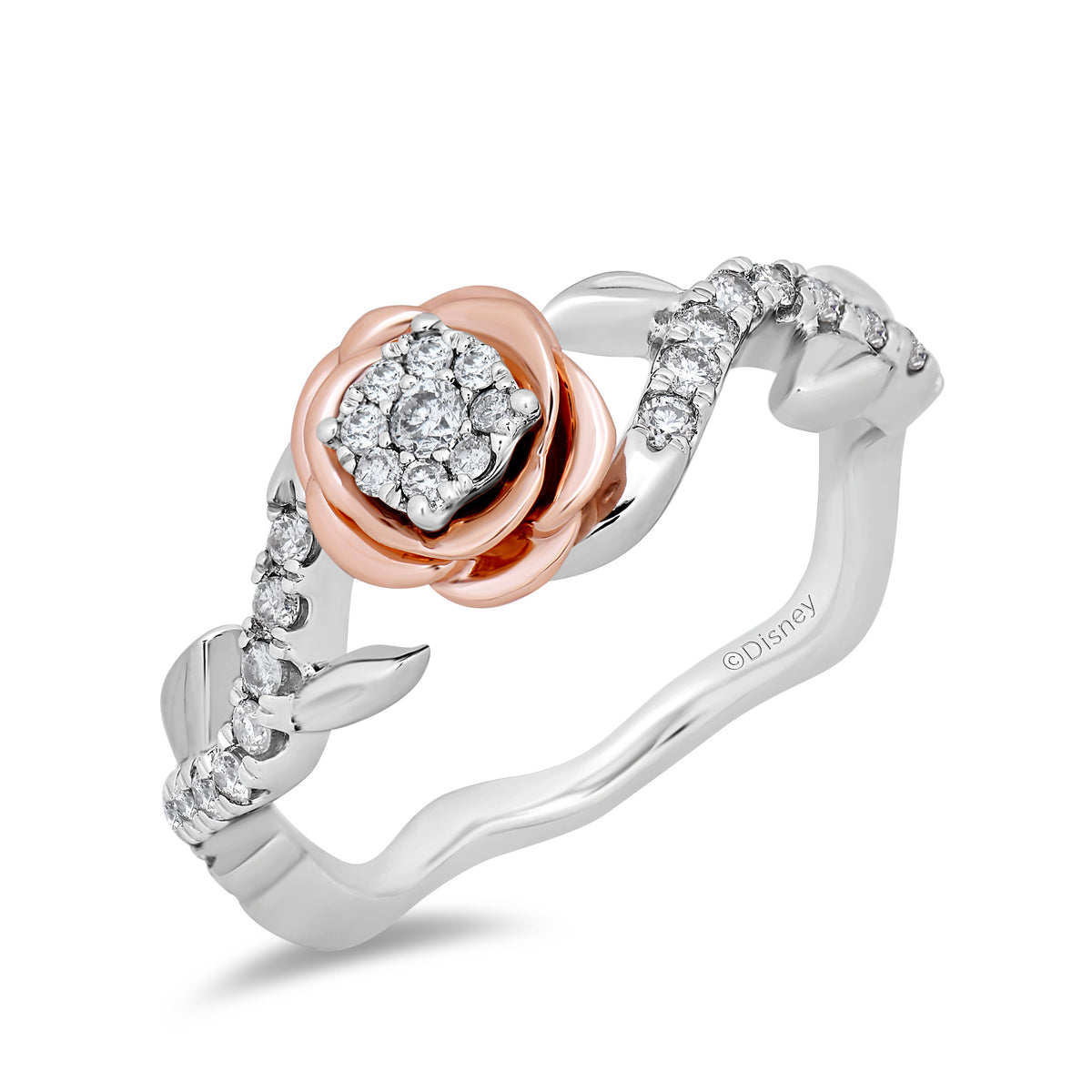 Enchanted Disney Fine Jewelry 14K White Gold and Rose Gold 1/4 CTTW Belle  Promise Ring