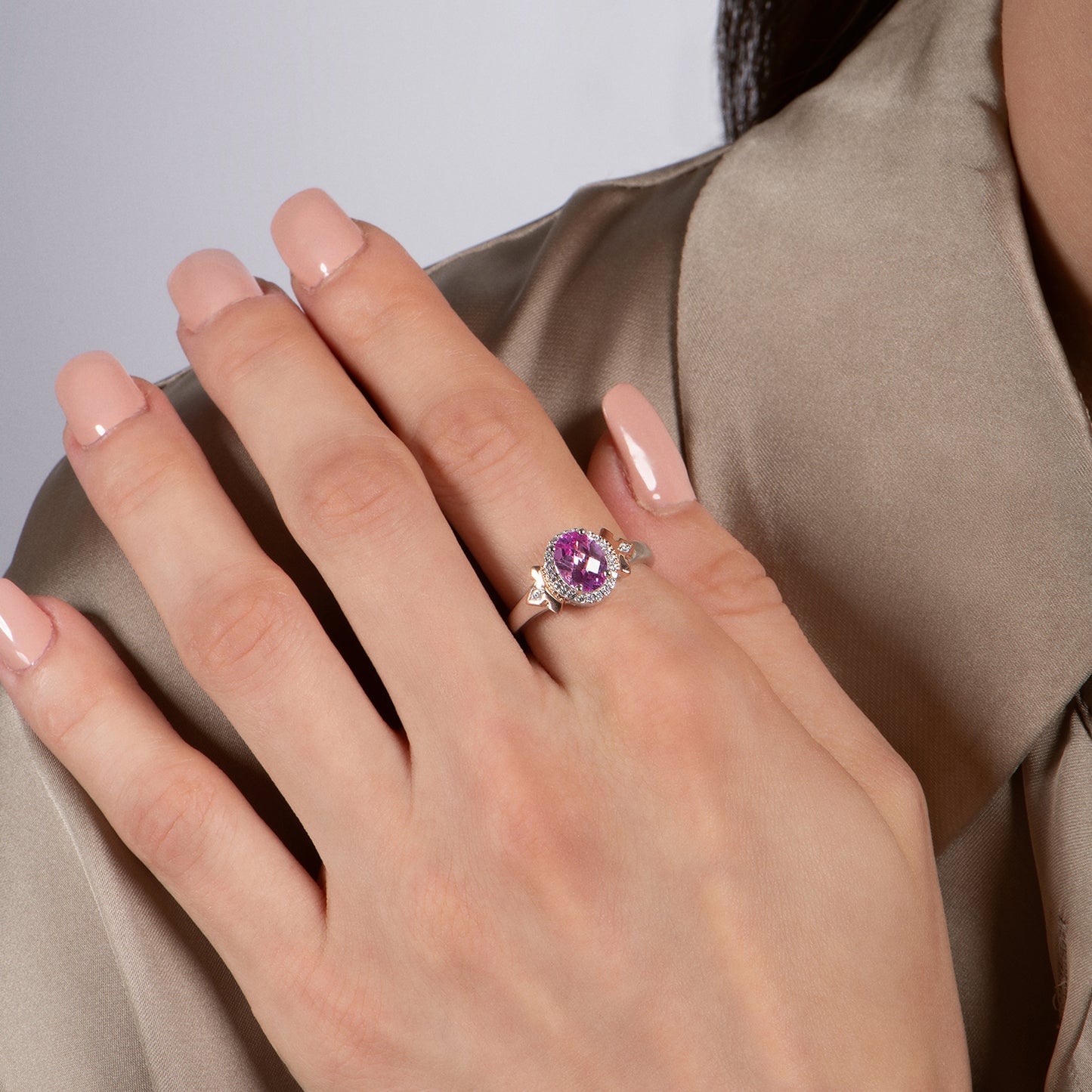 Enchanted Disney Fine Jewelry 14K Rose Gold over Sterling Silver with 1/10 CTTW Diamond and Created Pink Sapphire Aurora Crown Ring