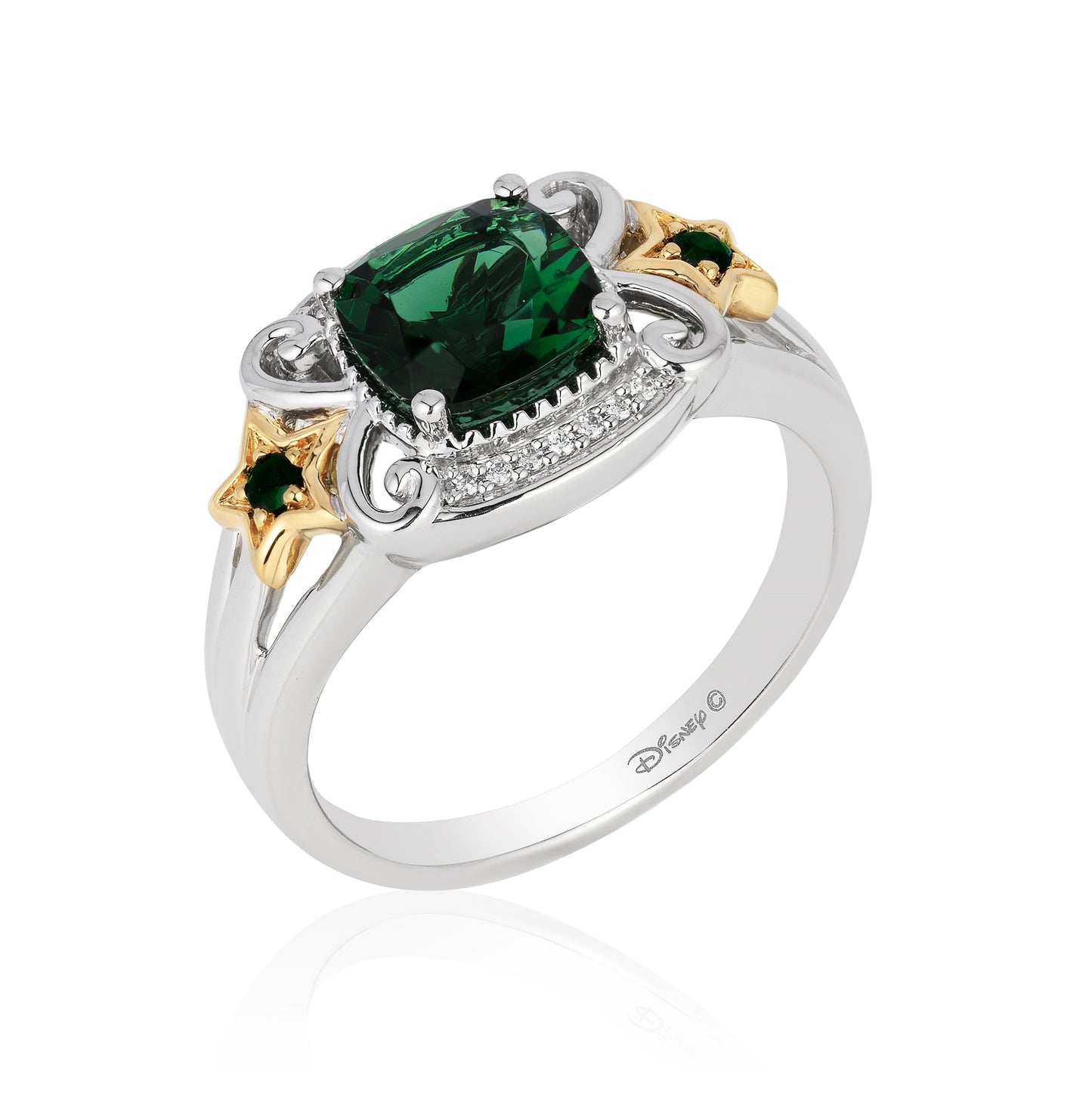 Enchanted Disney Fine Jewelry 14K Yellow Gold over Sterling Silver with 1/20 CTTW Diamonds Created Emerald Tinker Bell Star Ring