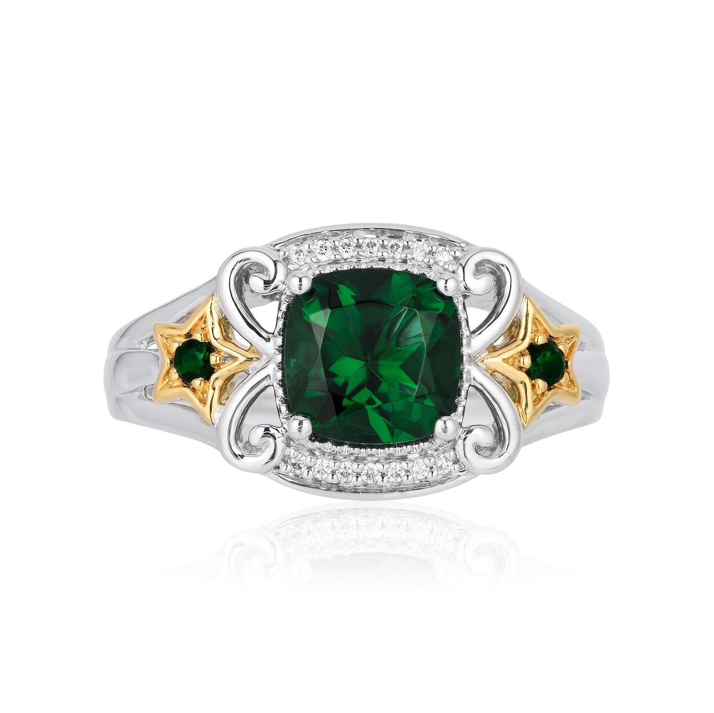 Enchanted Disney Fine Jewelry 14K Yellow Gold over Sterling Silver with 1/20 CTTW Diamonds Created Emerald Tinker Bell Star Ring