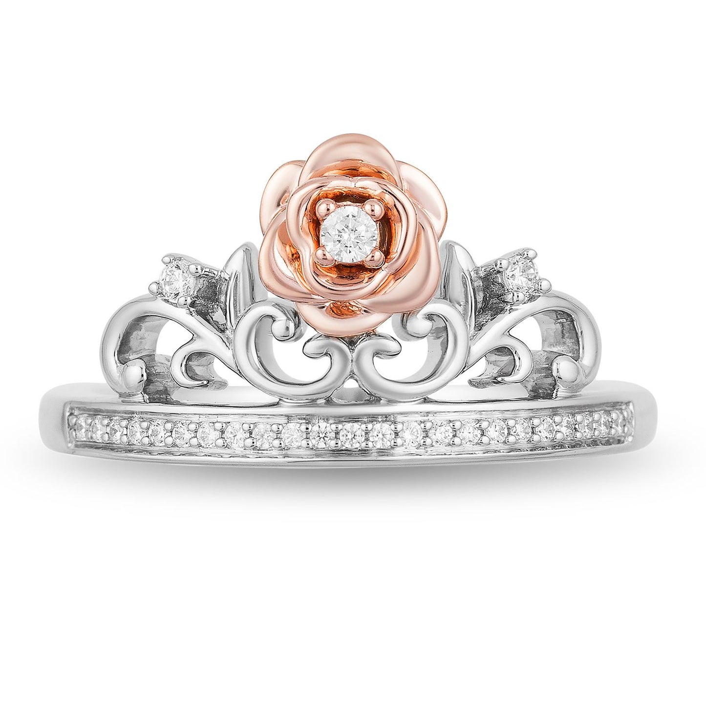 Enchanted Disney Fine Jewelry Sterling Silver and 10k Rose Gold 1/10 CTTW Belle Rose Tiara Ring