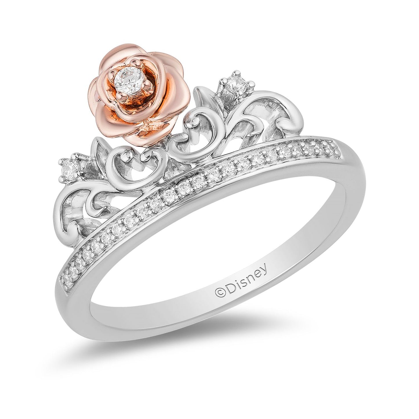 Enchanted Disney Fine Jewelry Sterling Silver and 10k Rose Gold 1/10 CTTW Belle Rose Tiara Ring