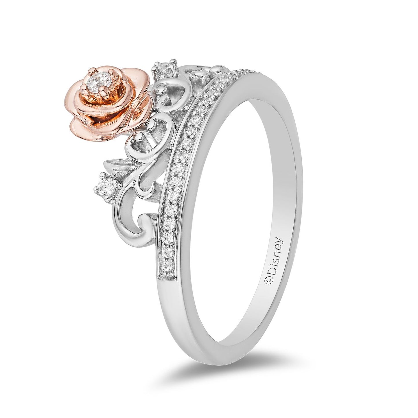 Enchanted Disney Fine Jewelry Sterling Silver and 10k Rose Gold 1/10 CTTW Belle Rose Tiara Ring