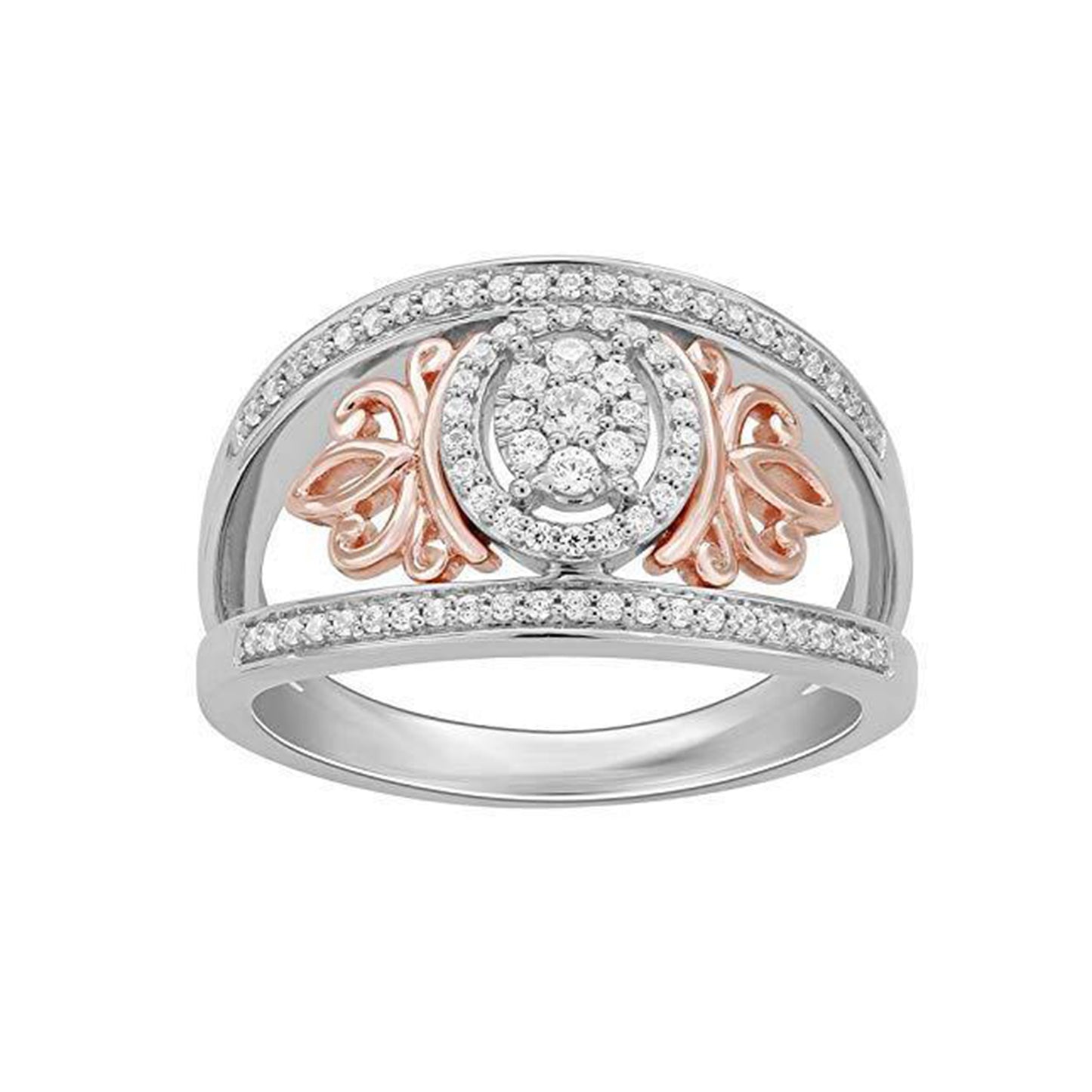 Enchanted Disney Fine Jewelry Sterling Silver and 10K Rose Gold with 1/4 CTTW Majestic Princess Crown Ring