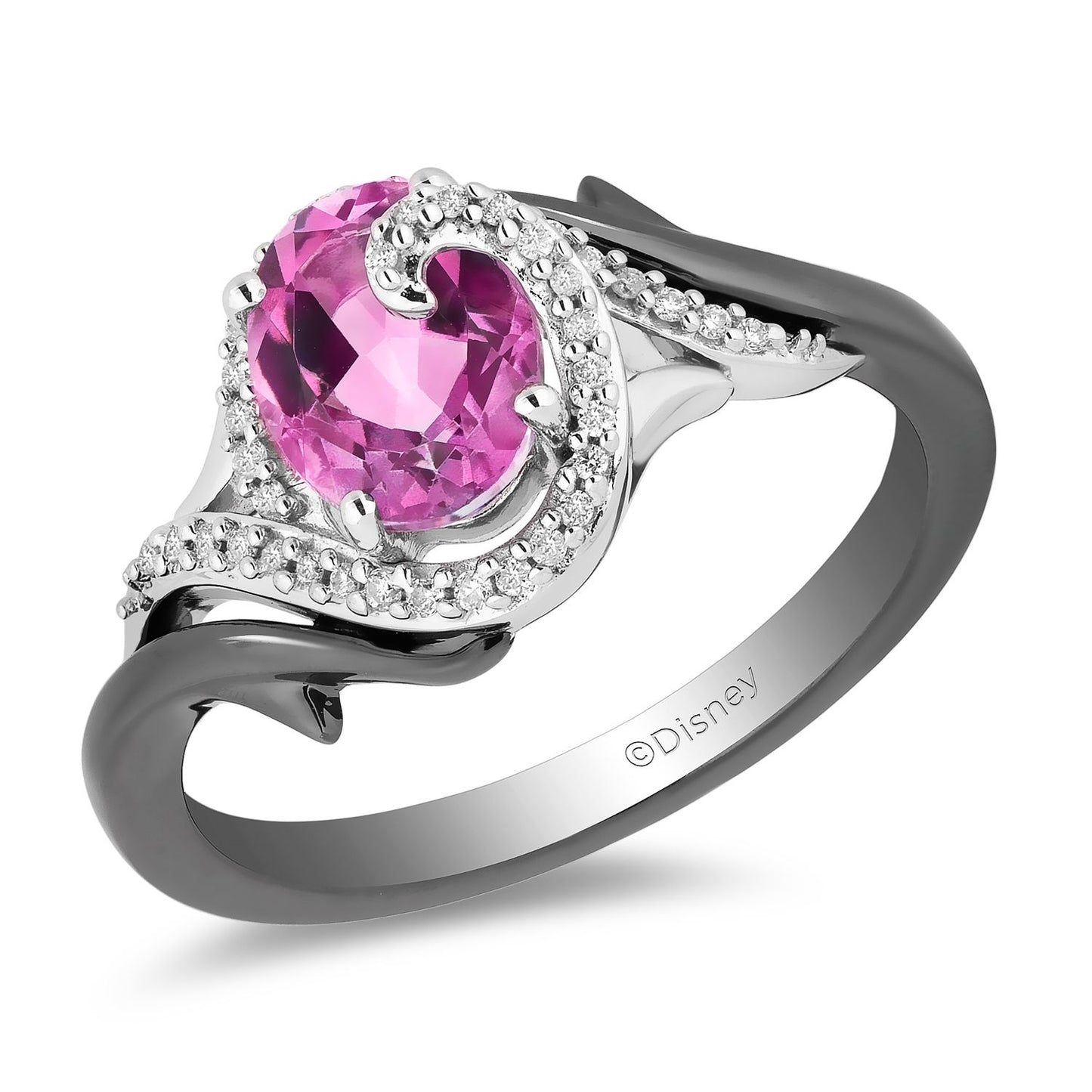 Enchanted Disney Fine Jewelry Sterling Silver with Black Rhodium 1/10 CTTW Diamond and Pink Topaz Maleficent Ring