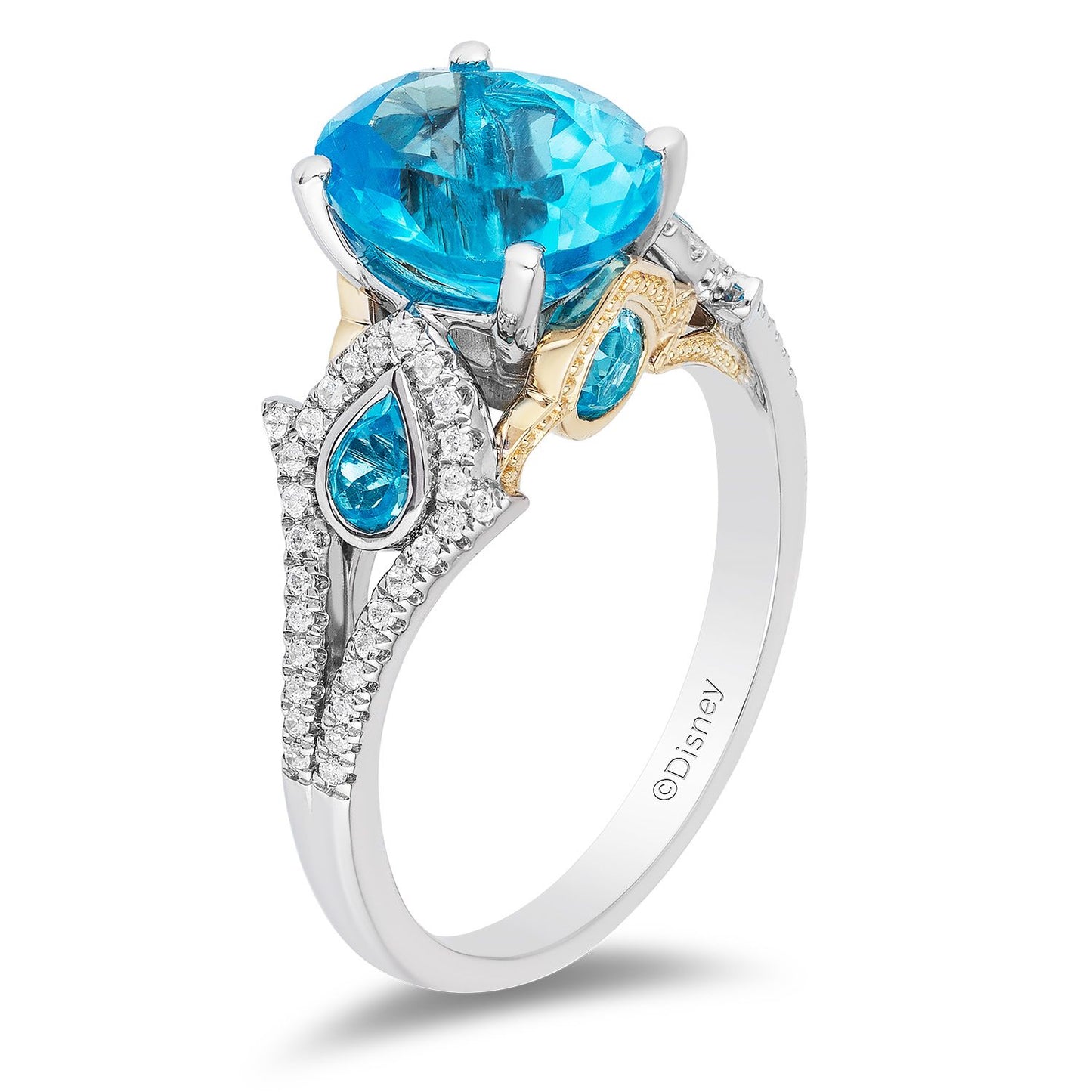 Enchanted Disney Fine Jewelry 14K White Gold and Yellow Gold with 1/5 CTTW Diamonds and Swiss Blue Topaz Jasmine Ring