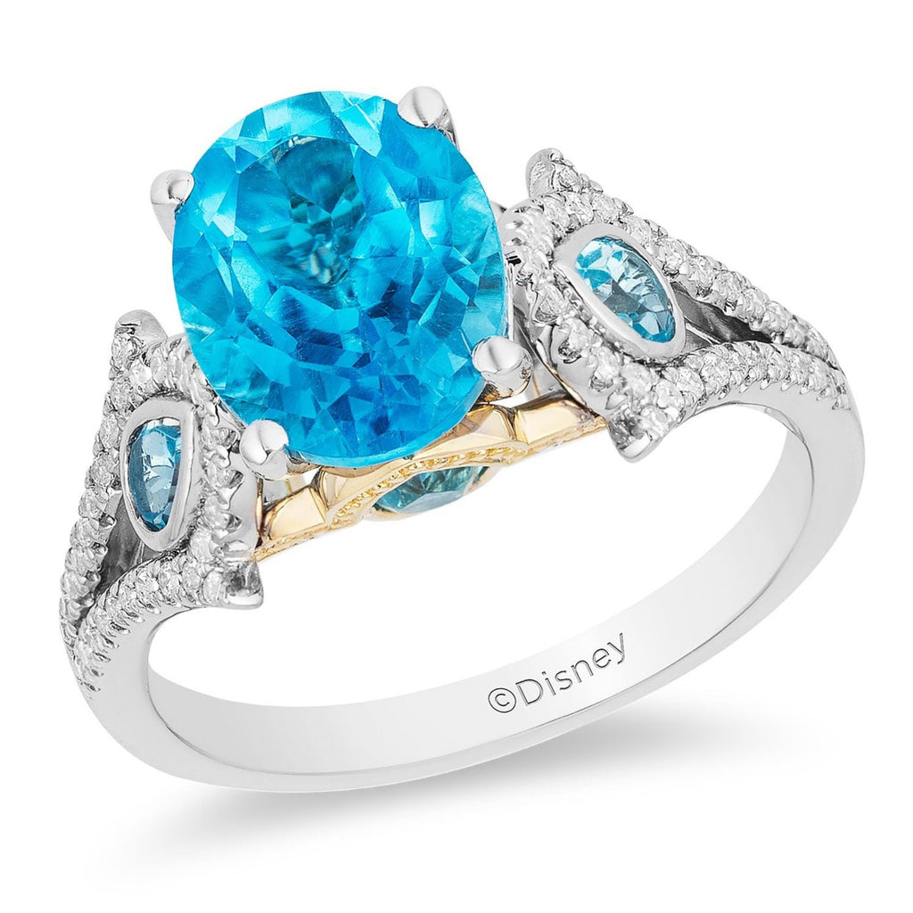 Disney Jasmine Inspired Diamond Swiss Blue Topaz Ring in 14K White Yellow Gold 1 5 CTTW Enchanted Disney Fine Jewelry