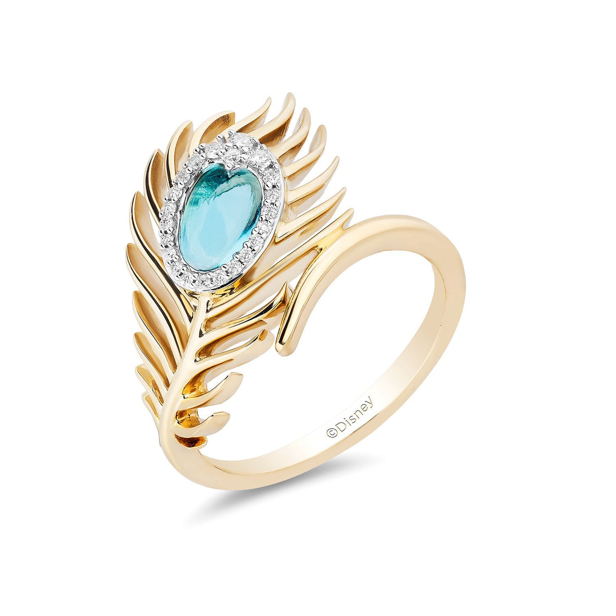 Enchanted Disney Fine Jewelry 10K Yellow Gold with 1 10 CTTW Diamond and Swiss Blue Topaz Aladdin Live Action Ring