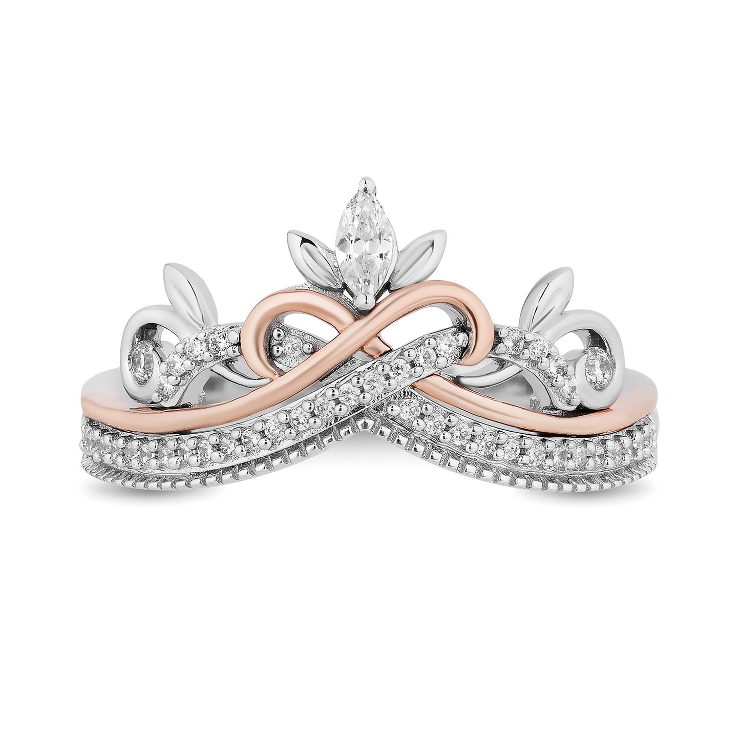 Enchanted Disney Fine Jewelry Sterling Silver and 10K Rose Gold with 1/5 CTTW Round and Marquise Diamond Rapunzel Tiara Ring
