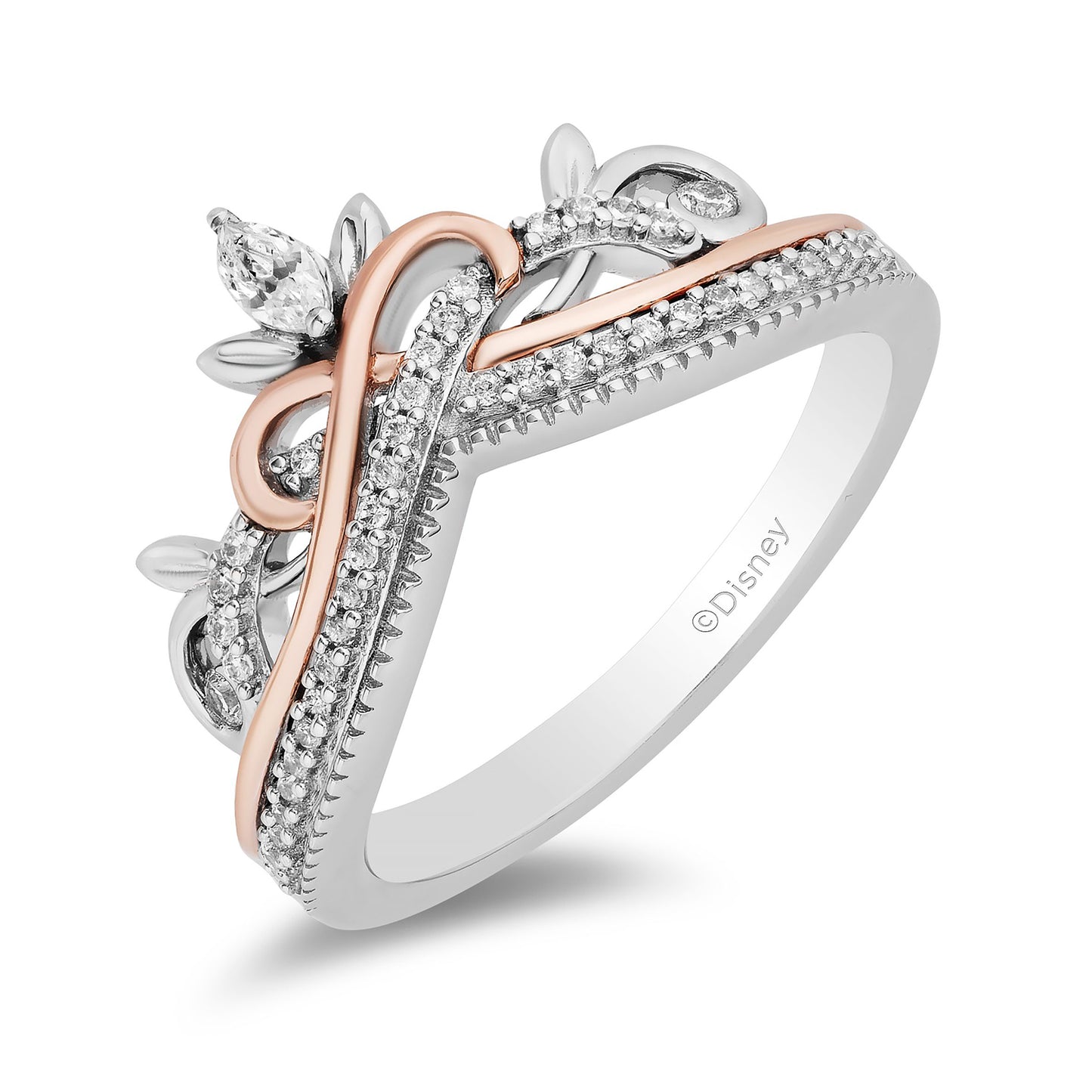 Enchanted Disney Fine Jewelry Sterling Silver and 10K Rose Gold with 1/5 CTTW Round and Marquise Diamond Rapunzel Tiara Ring