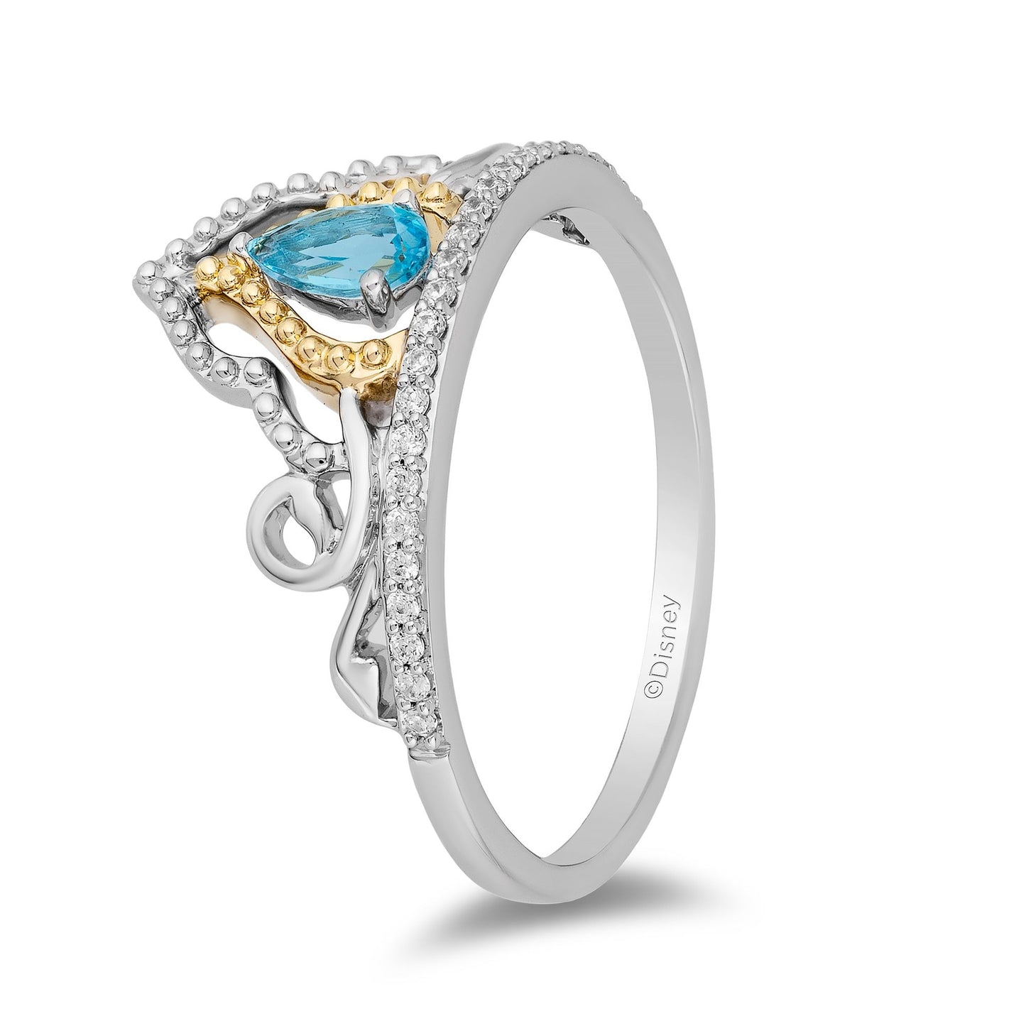 Enchanted Disney Fine Jewelry Sterling Silver and 10K Yellow Gold 1/10 CTTW Diamond and Swiss Blue Topaz Jasmine Ring