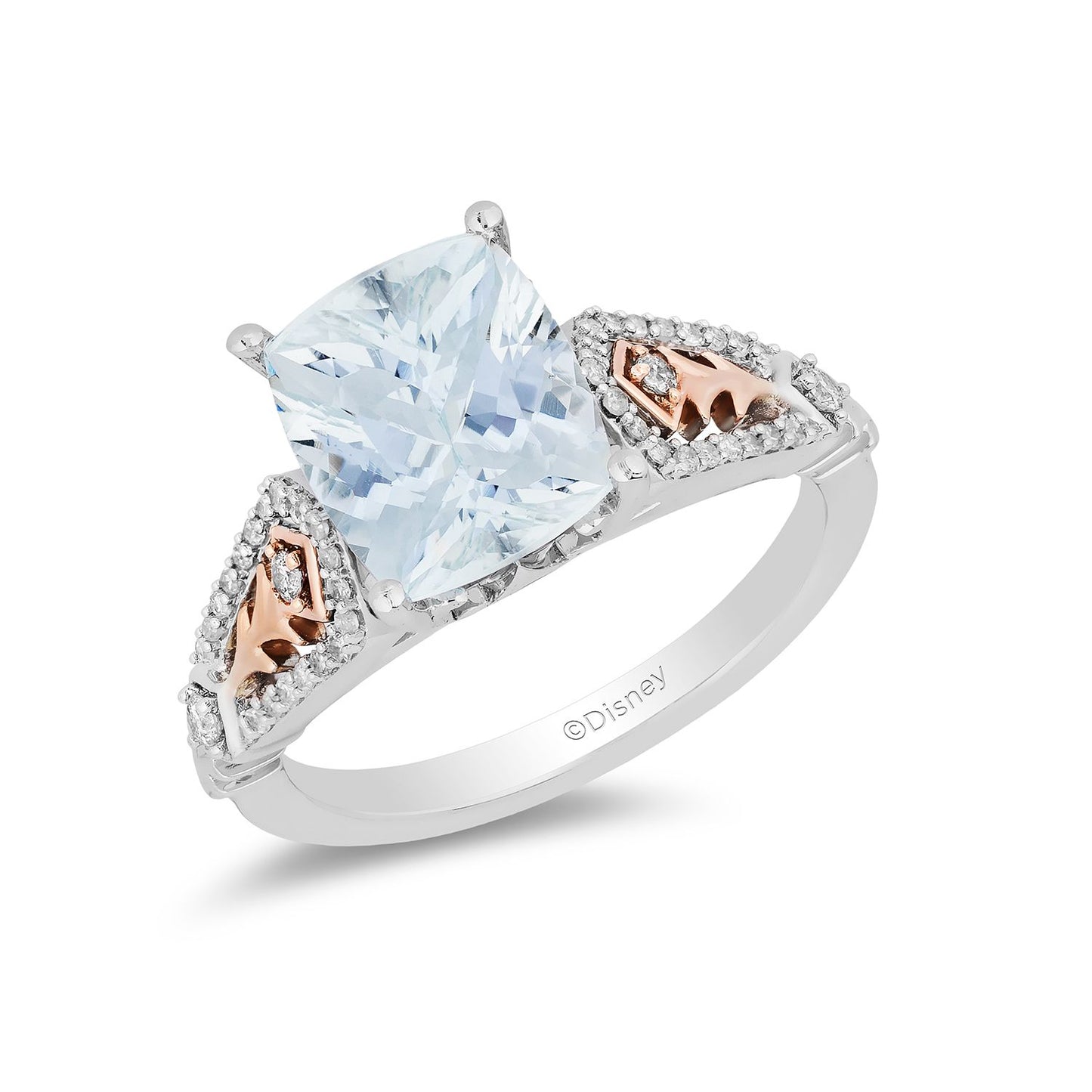 Enchanted Disney Fine Jewelry Sterling Silver and 10K Rose Gold with 1/6 CTTW Diamond with Aquamarine Elsa Ring