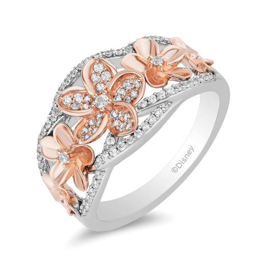 Enchanted Disney Fine Jewelry Sterling Silver and 10K Rose Gold with 1/4 CTTW Diamond Moana Plumeria Flower Ring
