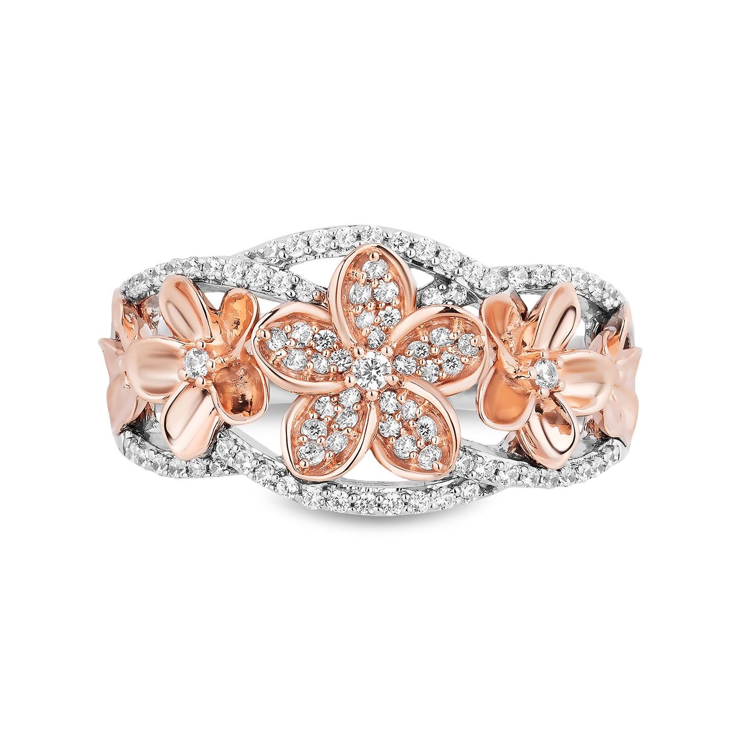Enchanted Disney Fine Jewelry Sterling Silver and 10K Rose Gold with 1/4 CTTW Diamond Moana Plumeria Flower Ring