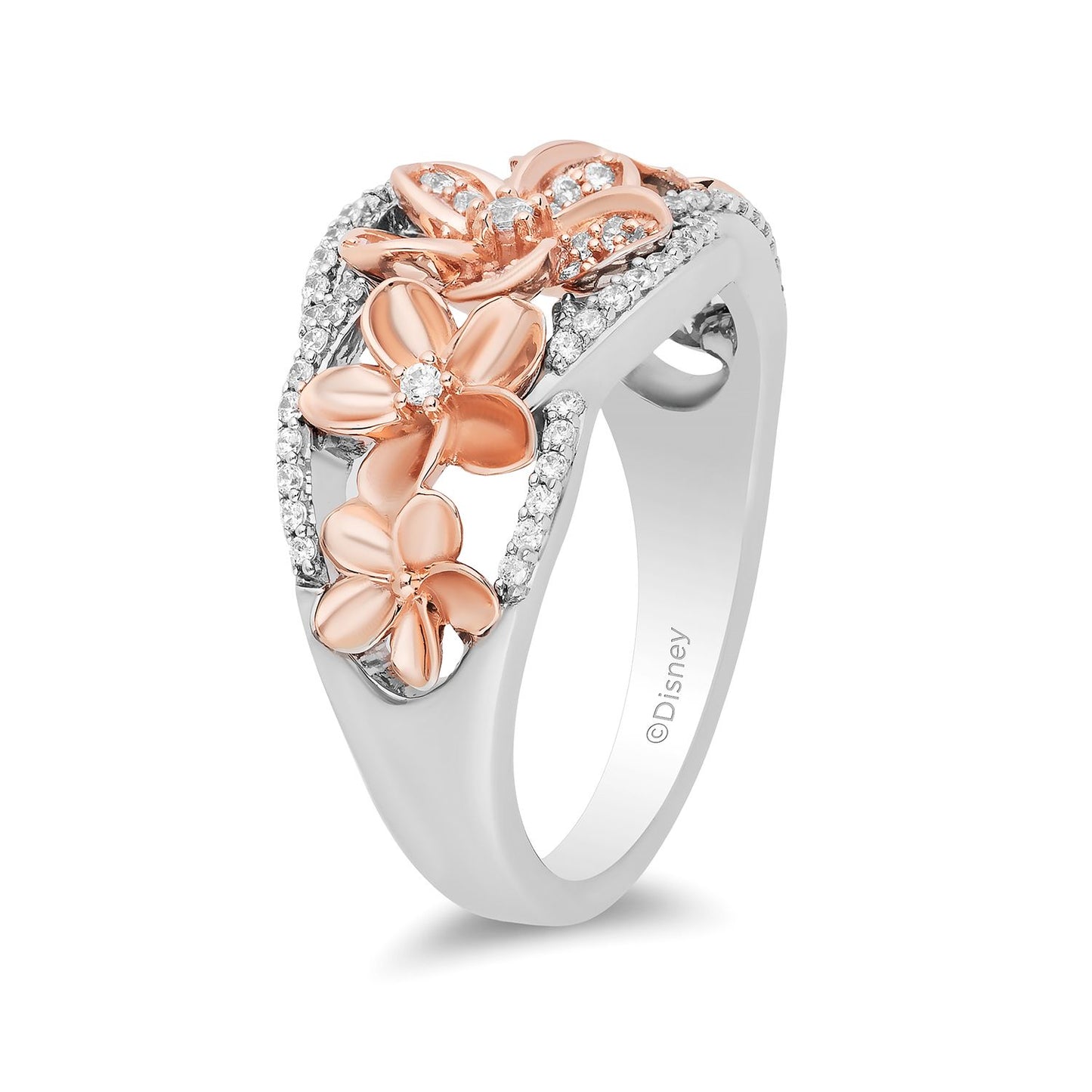 Enchanted Disney Fine Jewelry Sterling Silver and 10K Rose Gold with 1/4 CTTW Diamond Moana Plumeria Flower Ring