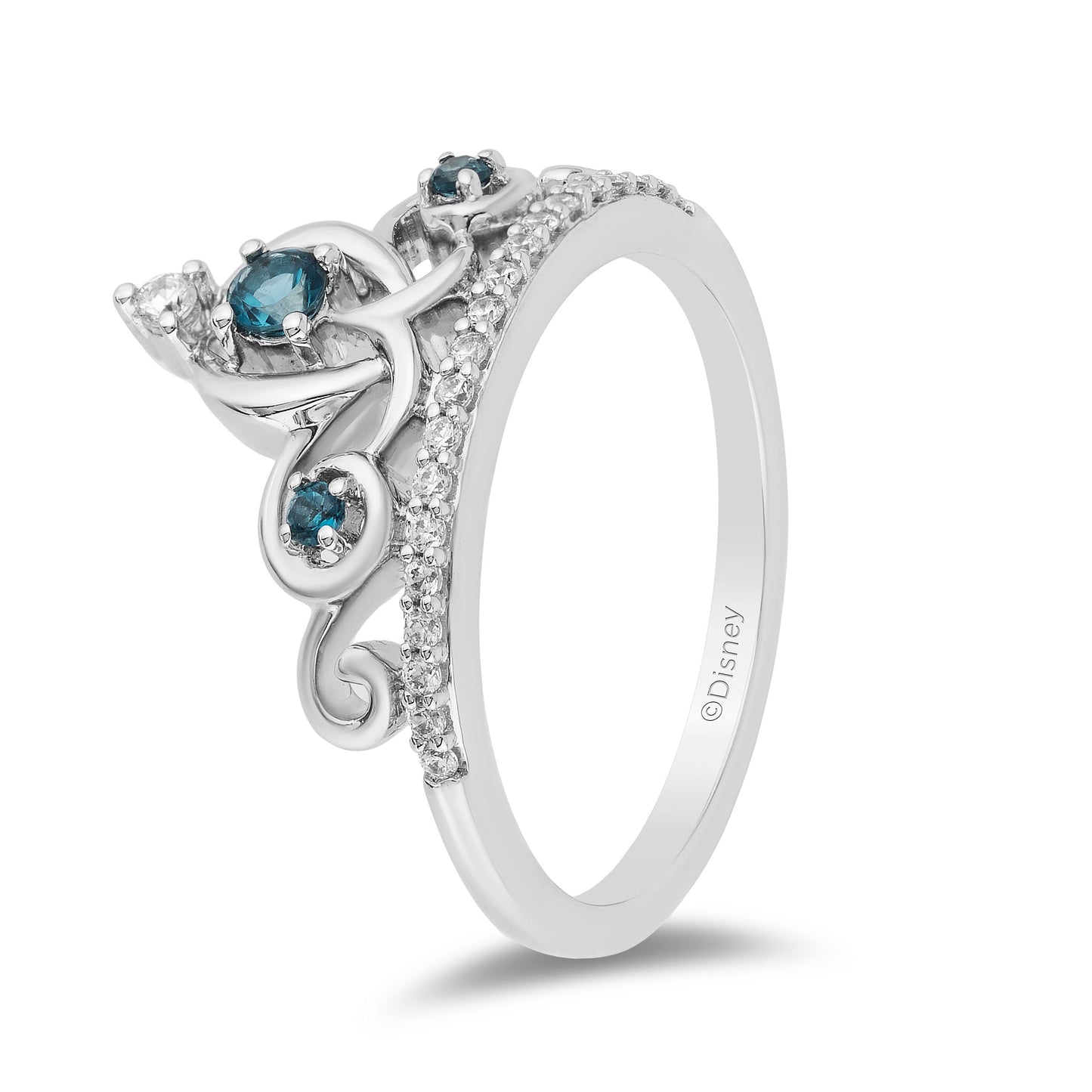 Enchanted Disney Fine Jewelry Sterling Silver 1/6 CTTW Diamond and London Blue Topaz Cinderella Tiara Ring