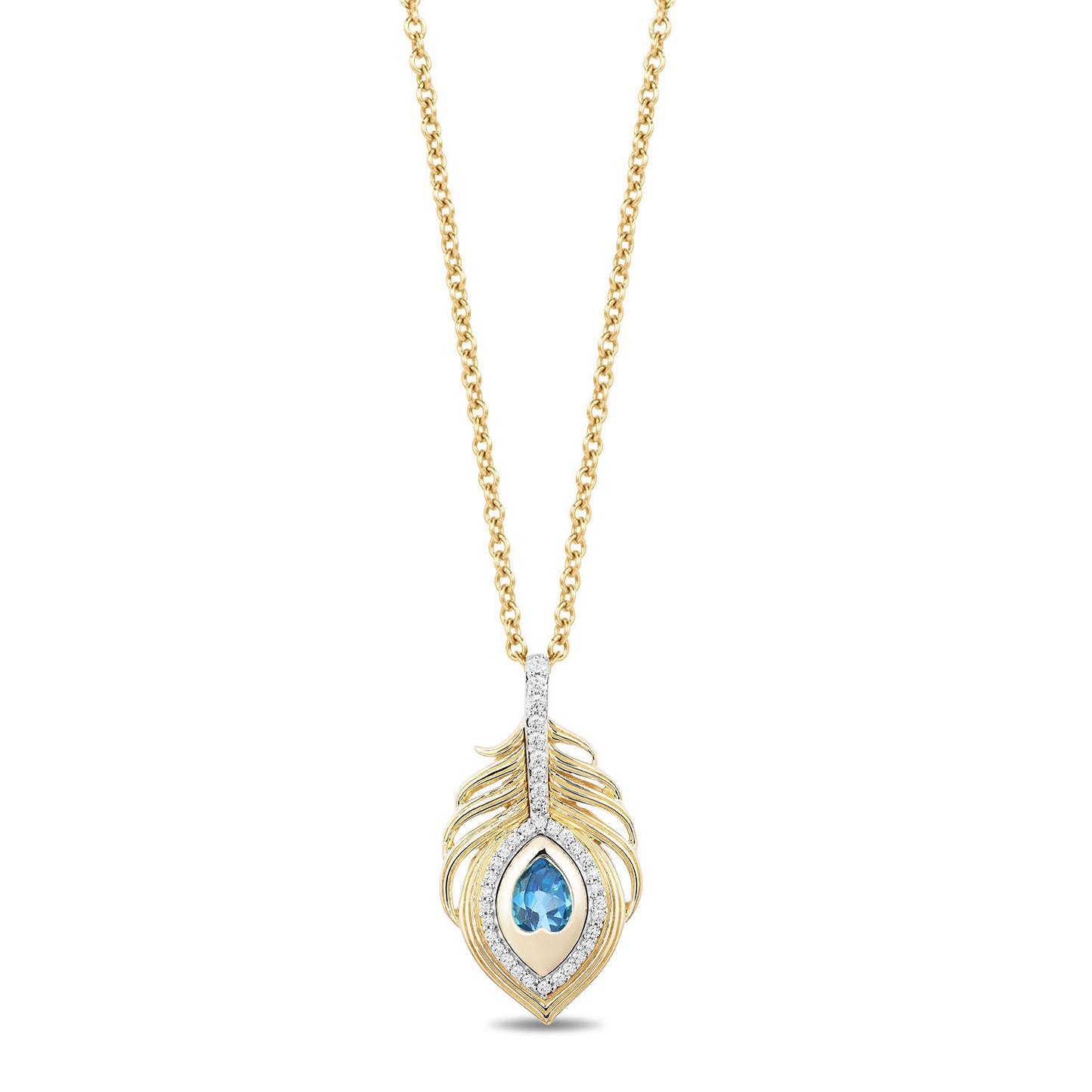 Disney Jasmine Inspired Diamonds and Swiss Blue Topaz Peacock Feather Necklace Pendant in Sterling Silver 1/8 CTTW View 1